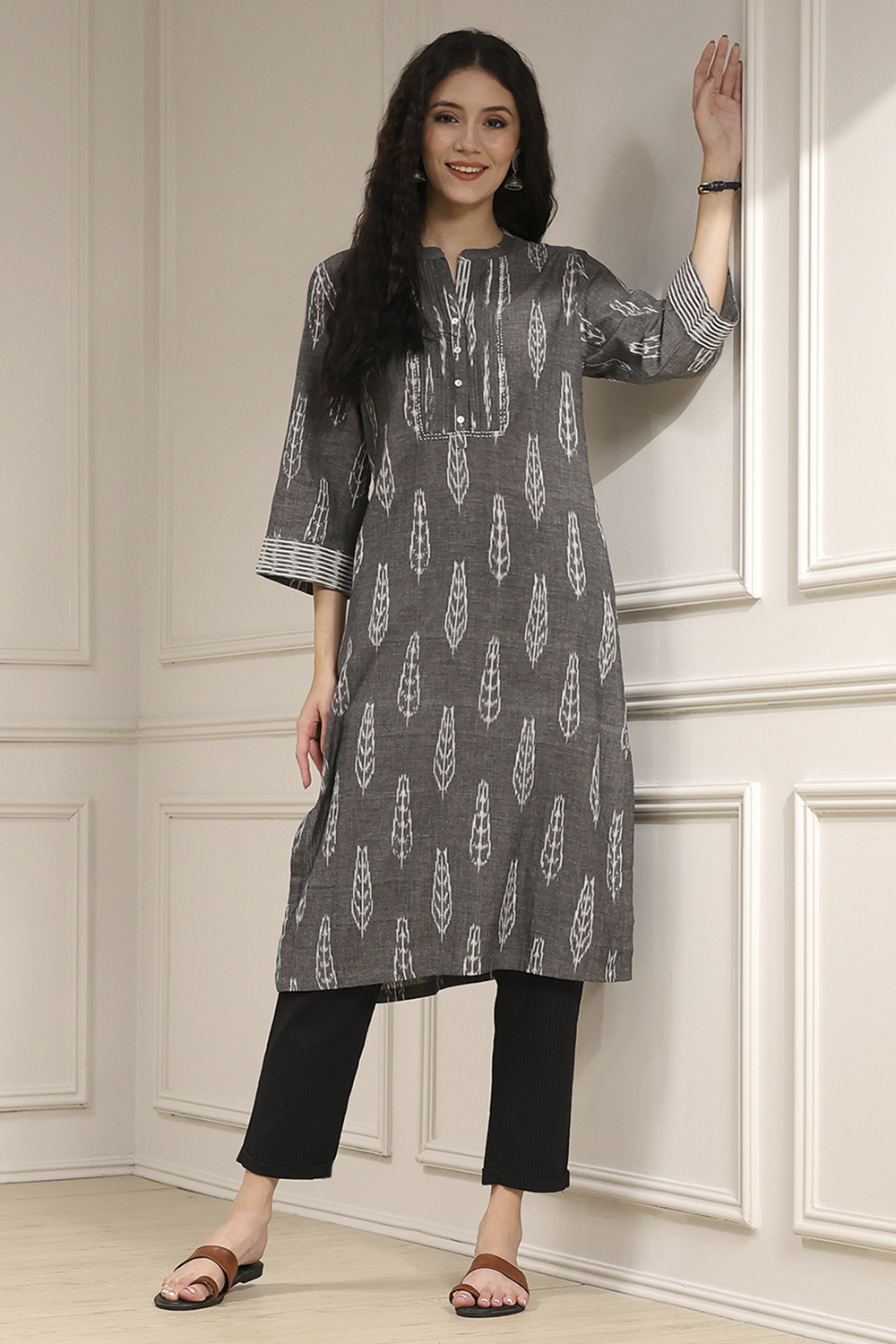 Grey Cotton Straight Yarndyed Kurta image number 5