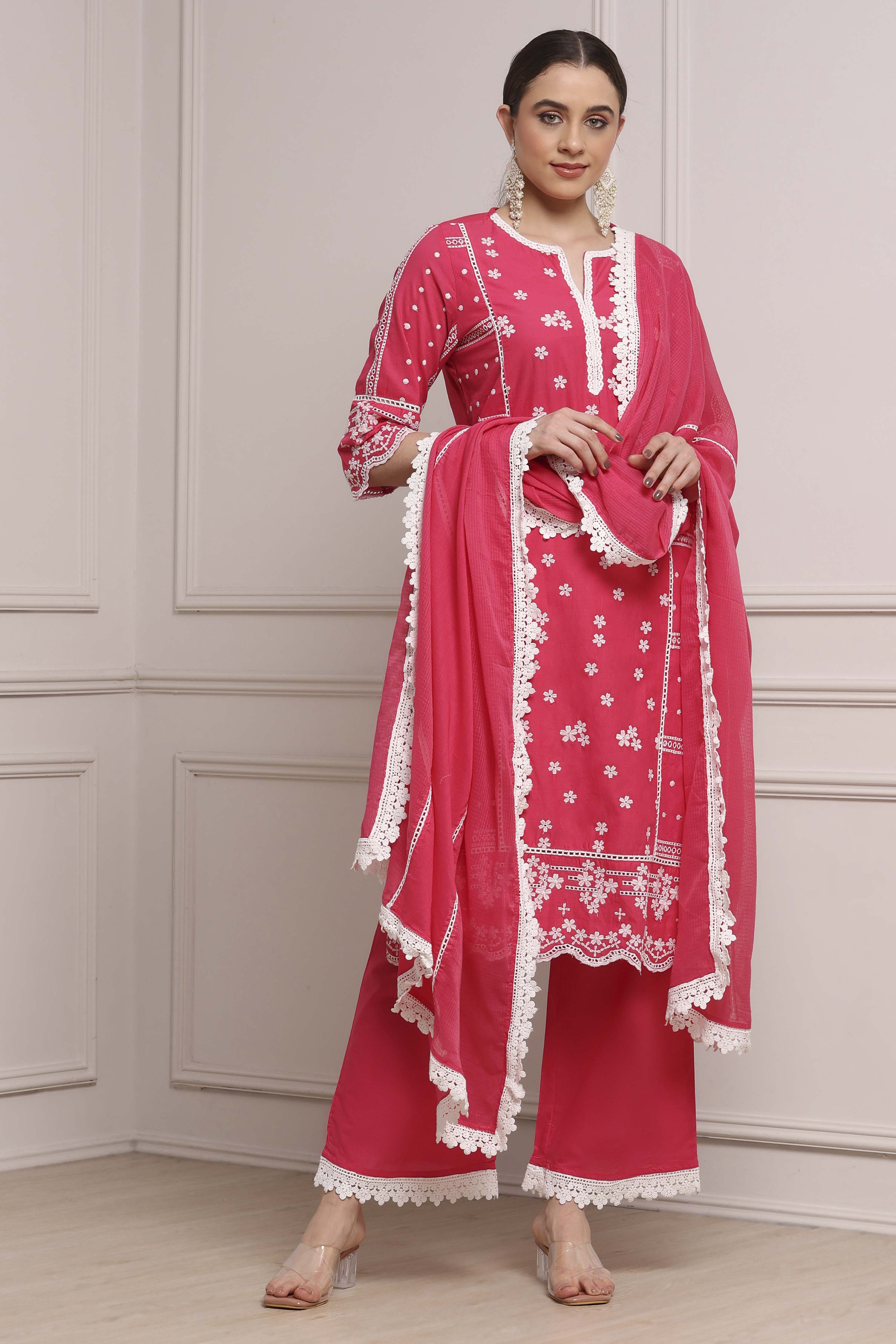 Fuchsia Cotton Embroidered Straight Suit Set image number 6