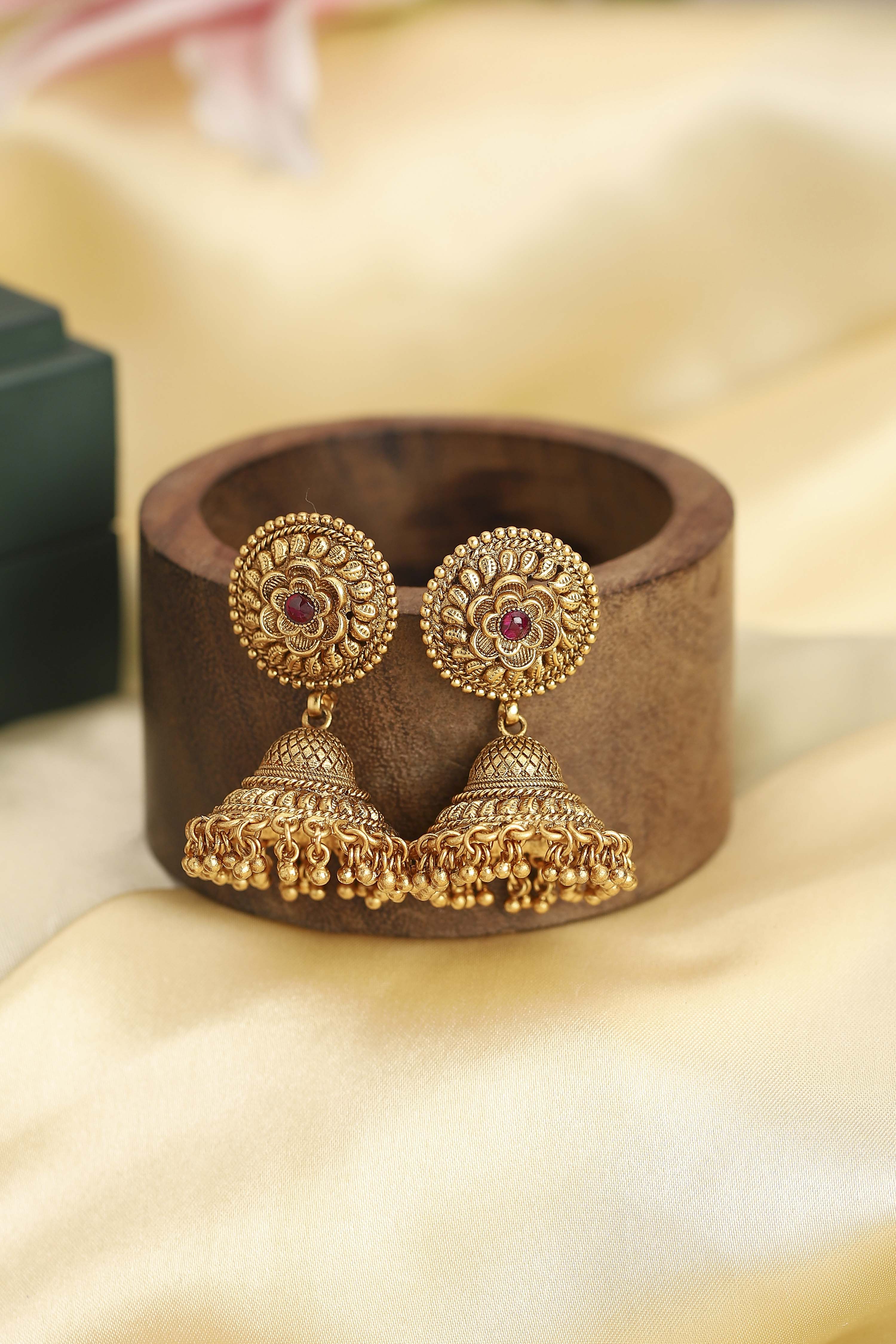 Red Gold Plated Minimal Stone Studded Jhumkas image number 4