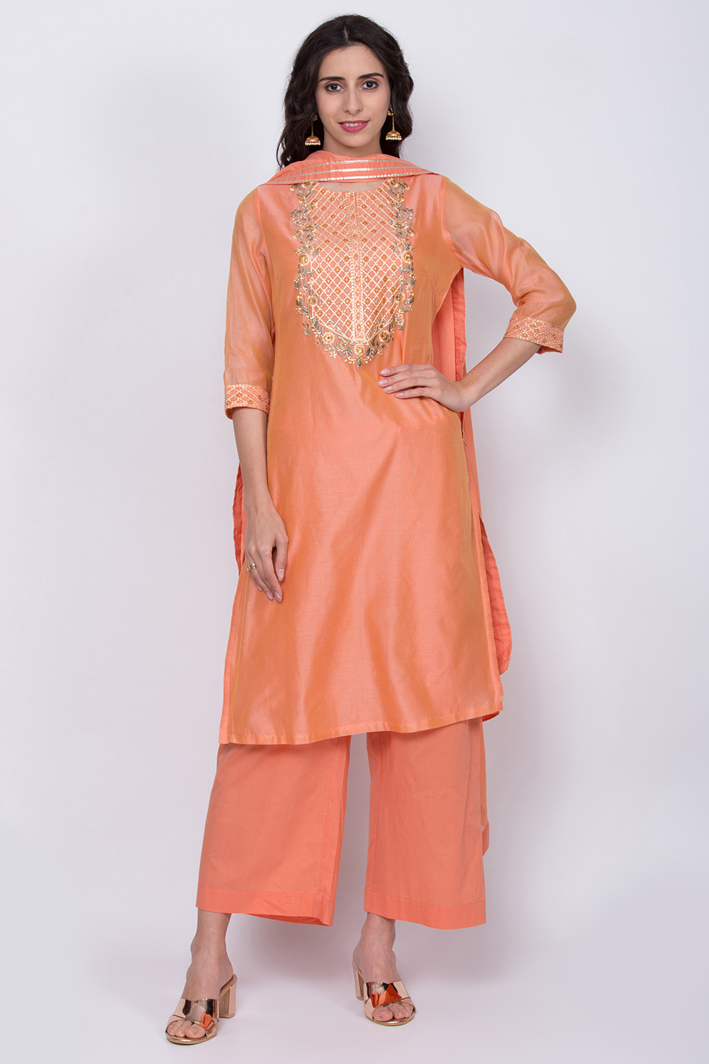 Orange Poly Cotton Straight Kurta Palazzo Suit Set image number 2