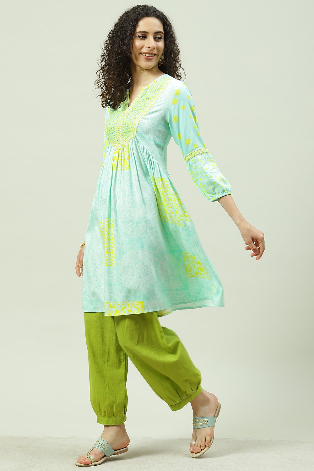 Turquoise Cotton Flared Printed Kurta image number 0