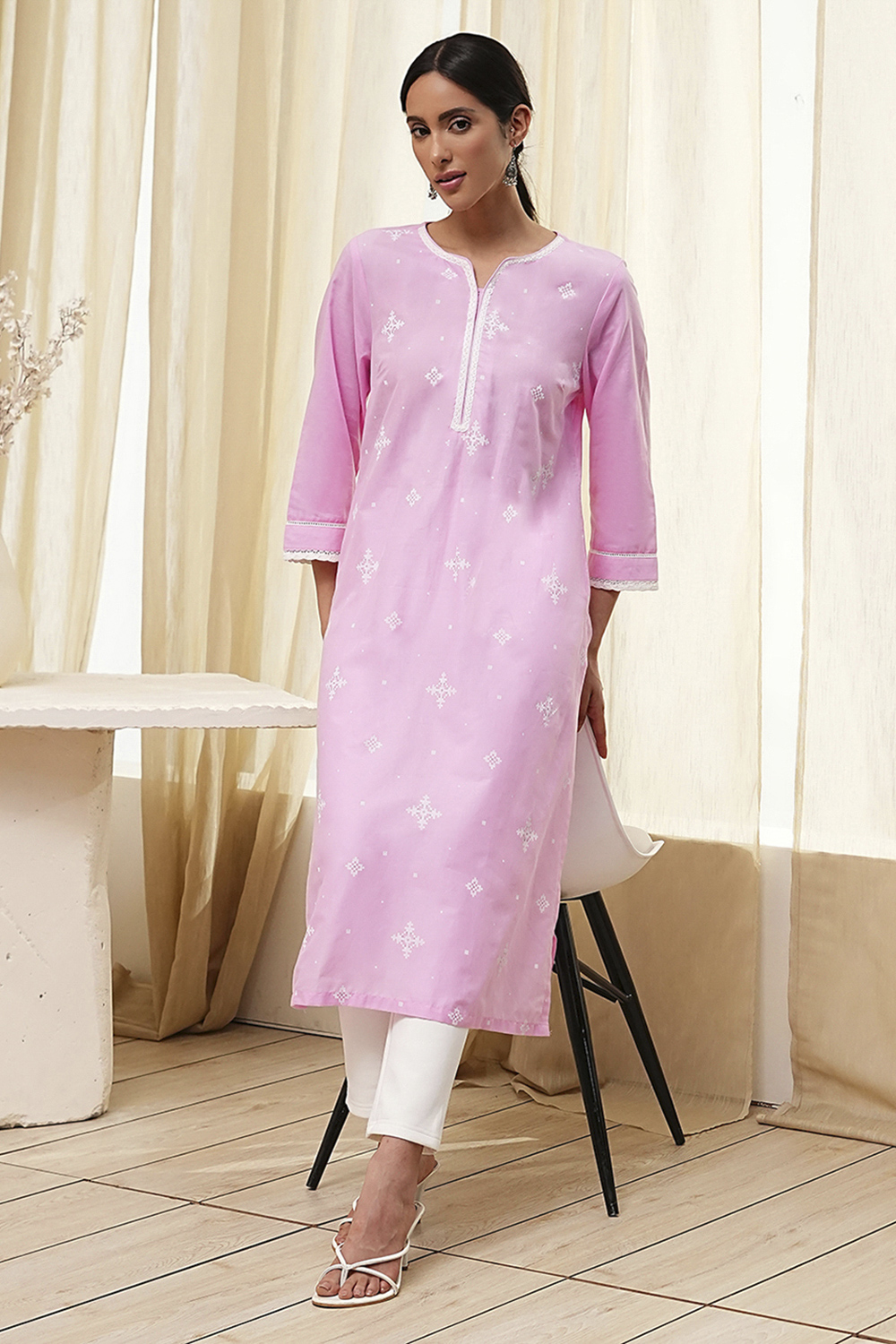 Light Pink Cotton Straight Kurta image number 0