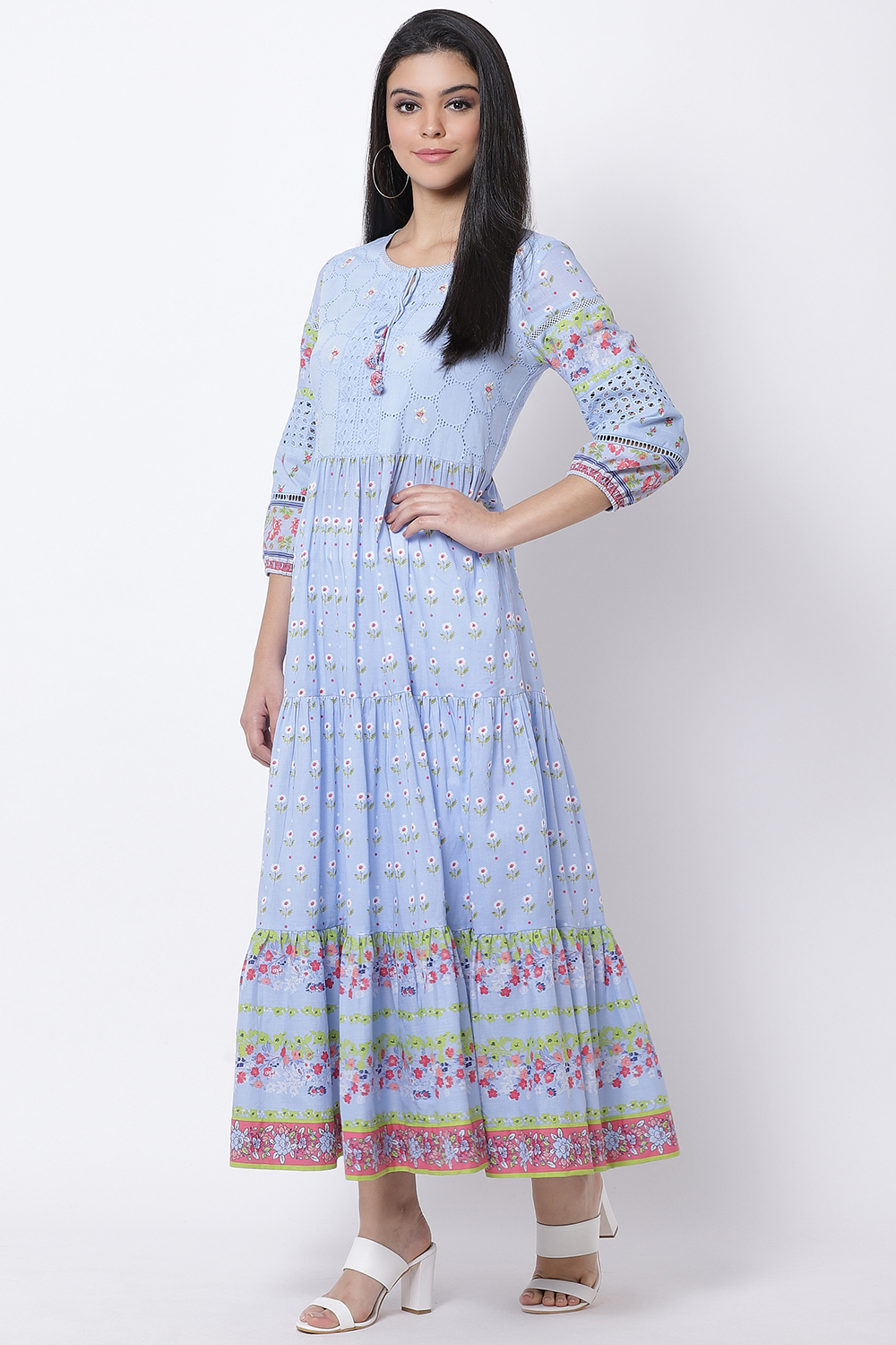 Cyan Blue Cotton Tiered Printed Dress image number 3