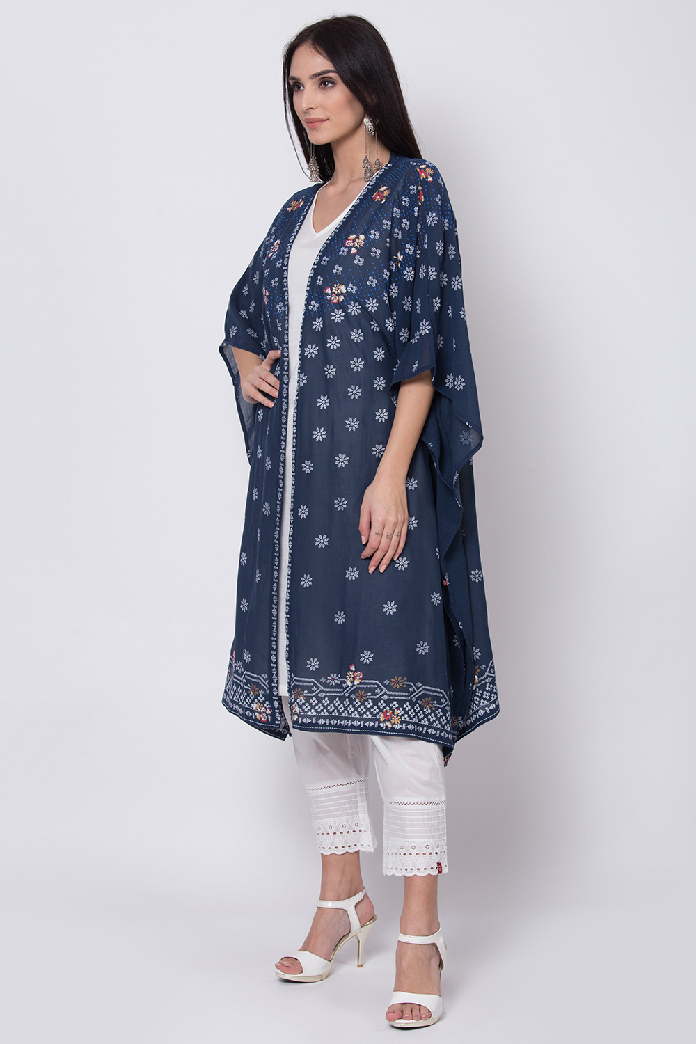 Indigo And White Viscose Cotton Front Open Printed Kurta image number 2