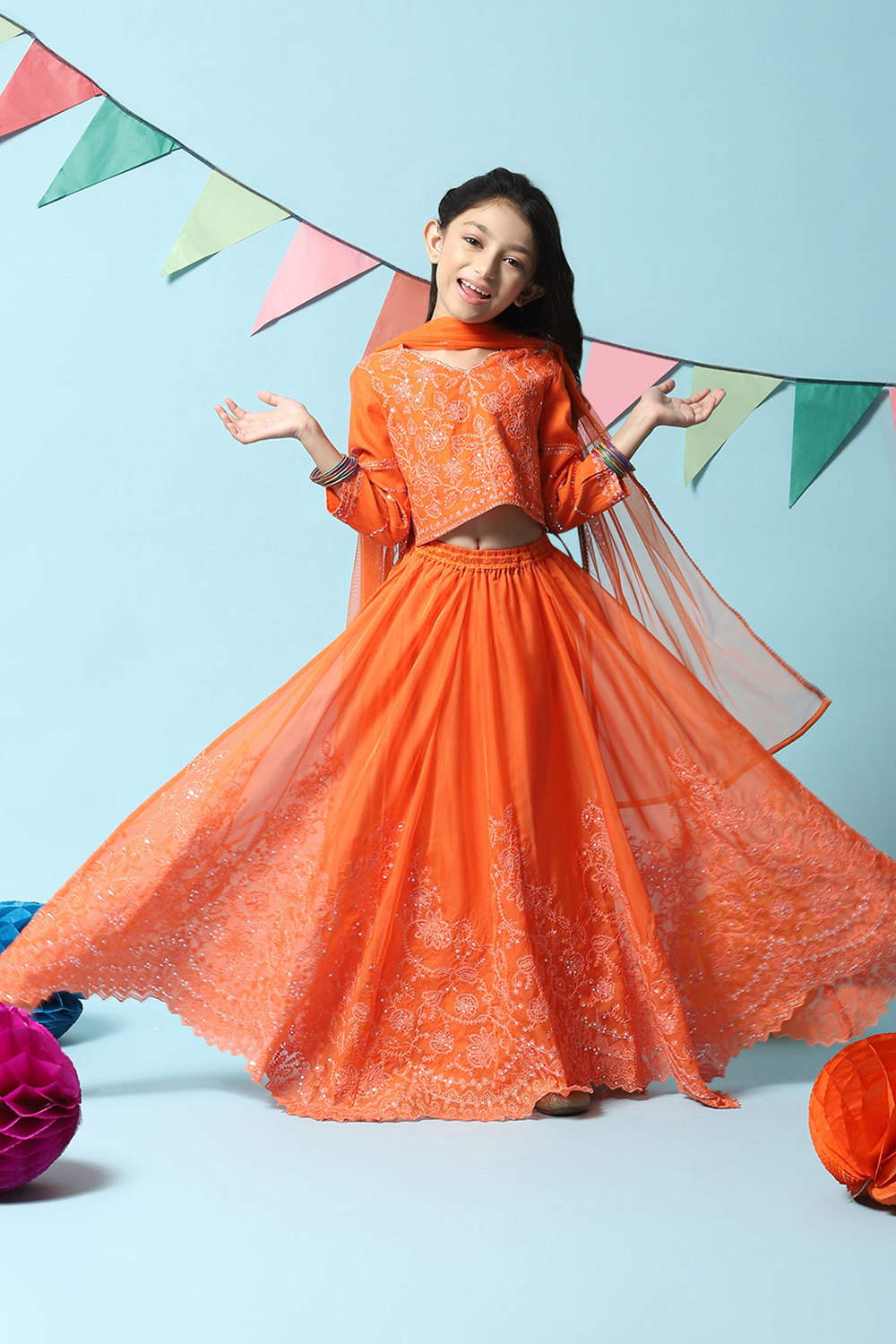 Orange Cotton Blend Short Top Lehenga Set image number 0