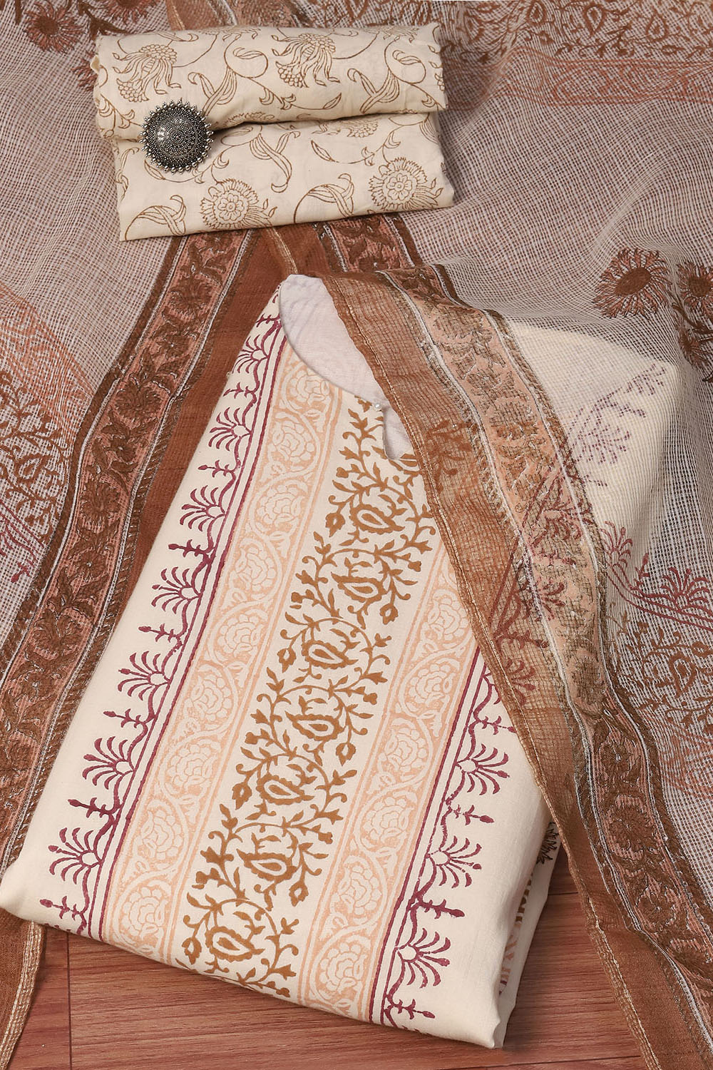 Beige Cotton Machine Embroidered Unstitched Suit Set image number 0