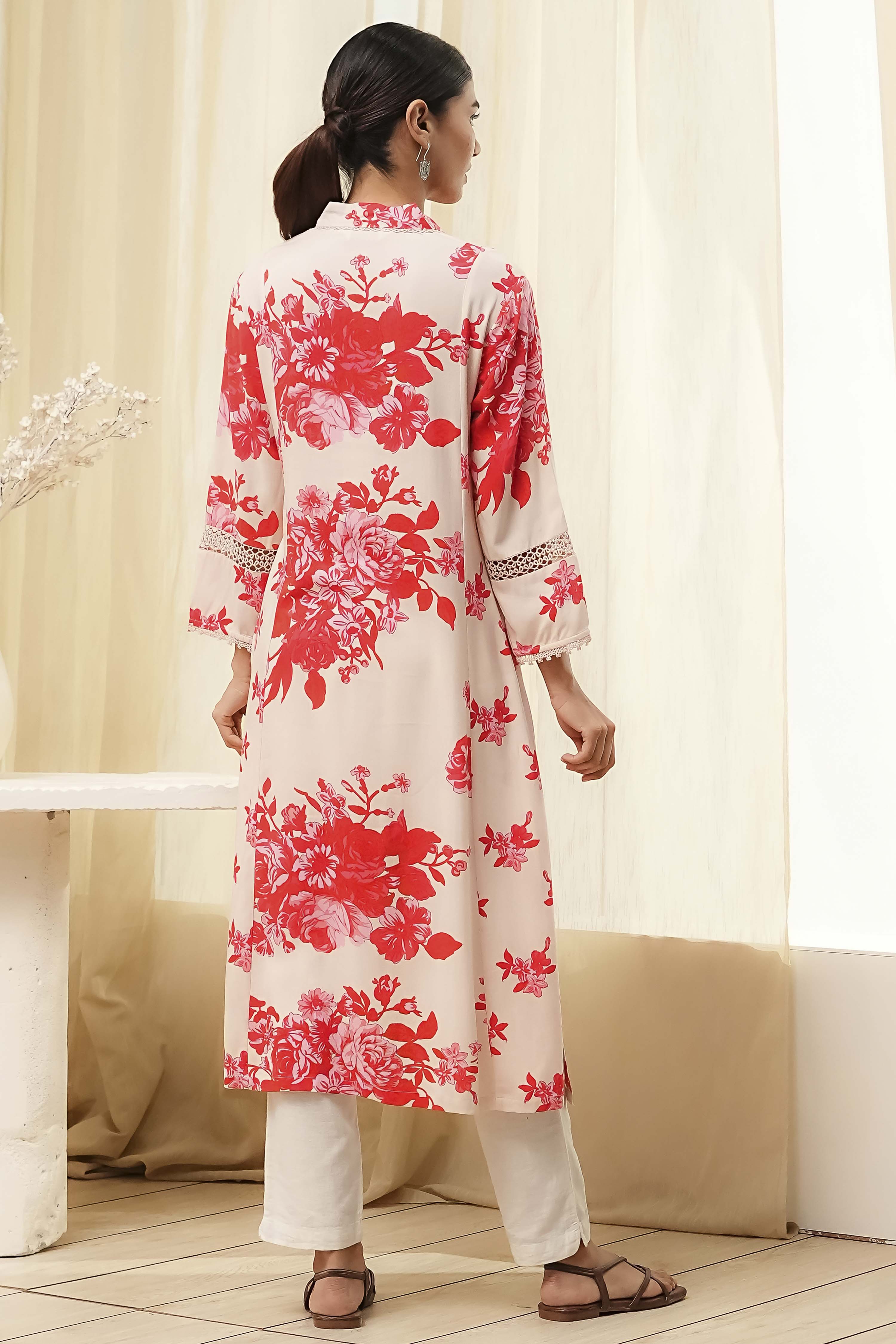Red and Off-White Floral Printed Straight Kurta image number 3