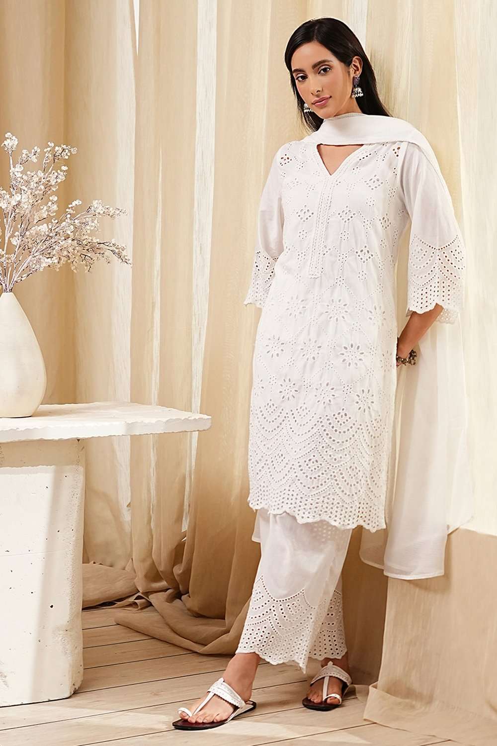 Pink Cotton Schiffli Straight Suit Set image number 0