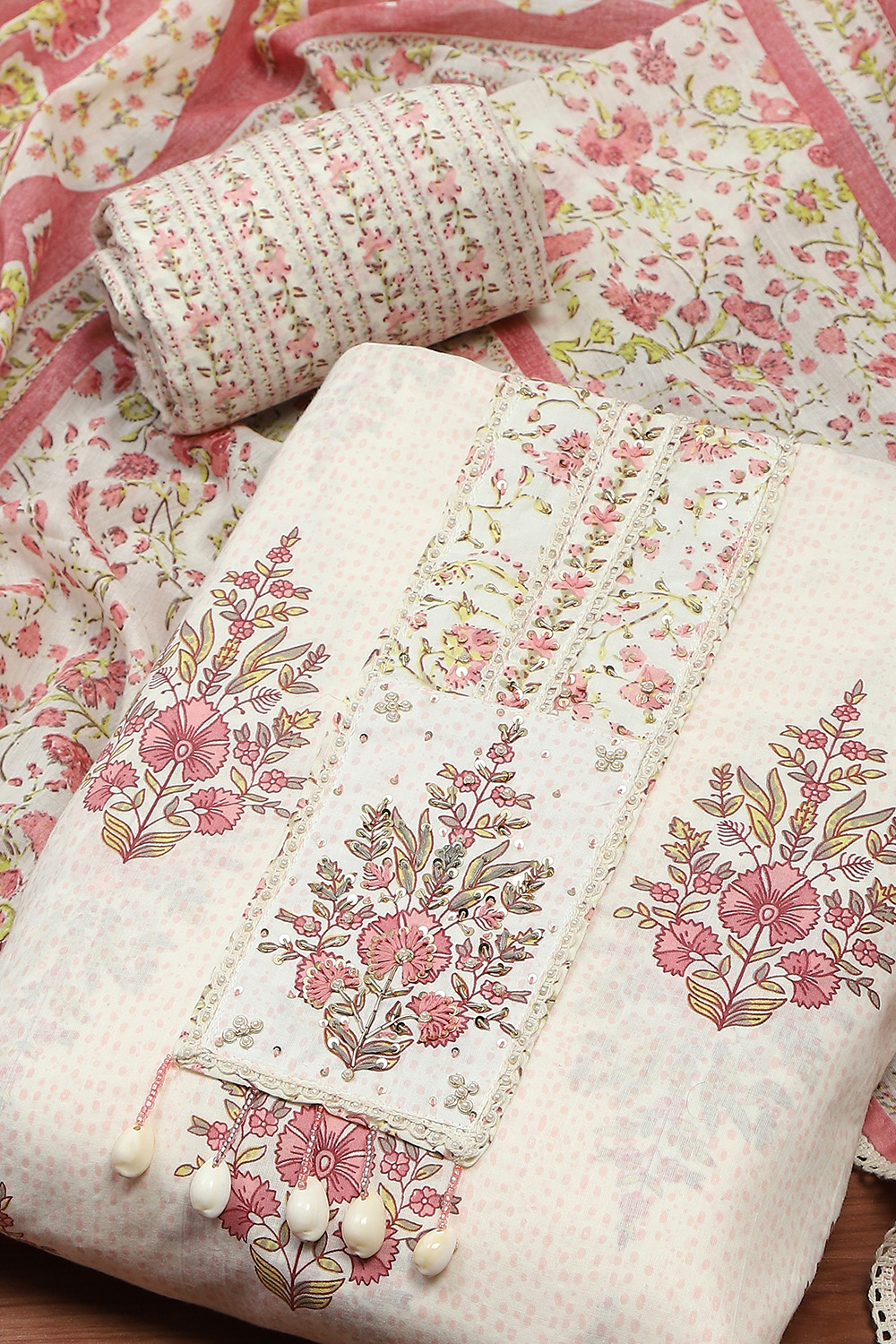 Yellow Cotton Hand Block Print Unstitched Suit Set image number 1