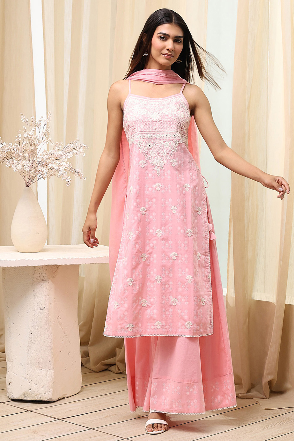 Green Cotton Floral Strappy Straight Suit Set image number 0