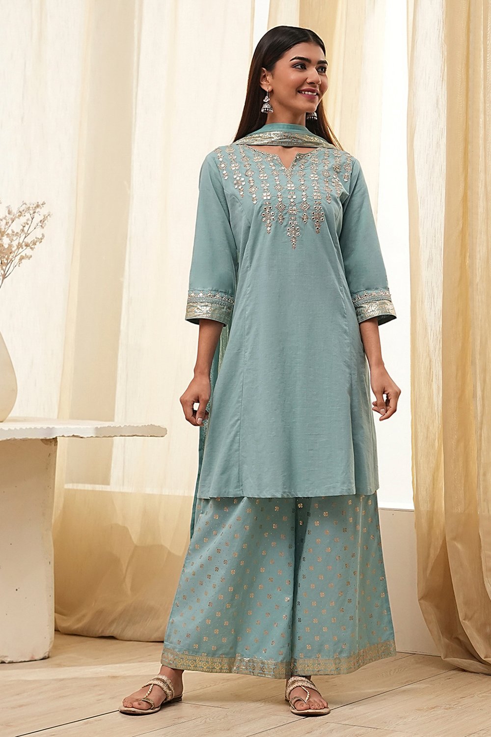 Dull Blue Cotton Embroidered Kalidar Suit Set image number 6