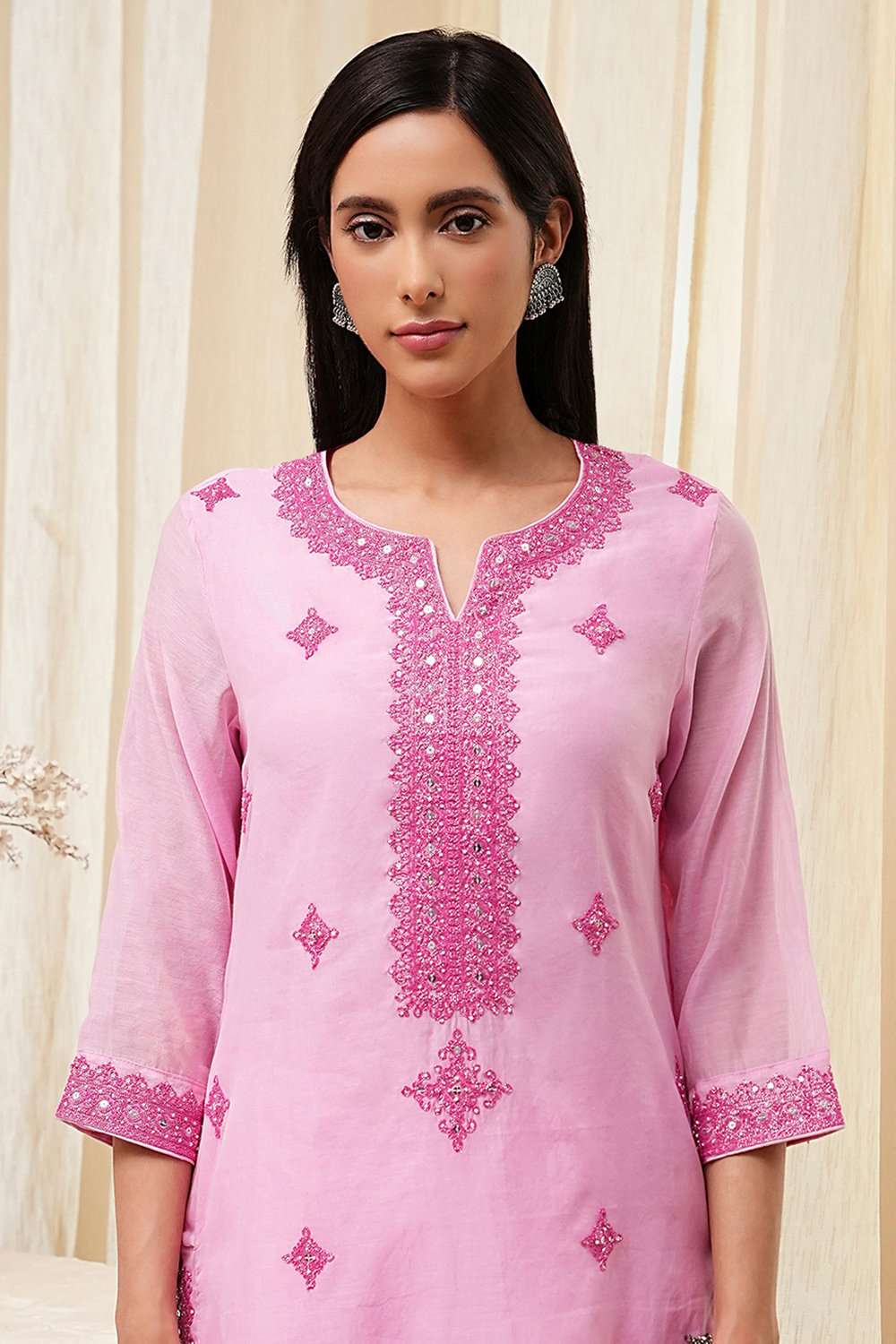 Pink Embroidered Straight Suit Set image number 1
