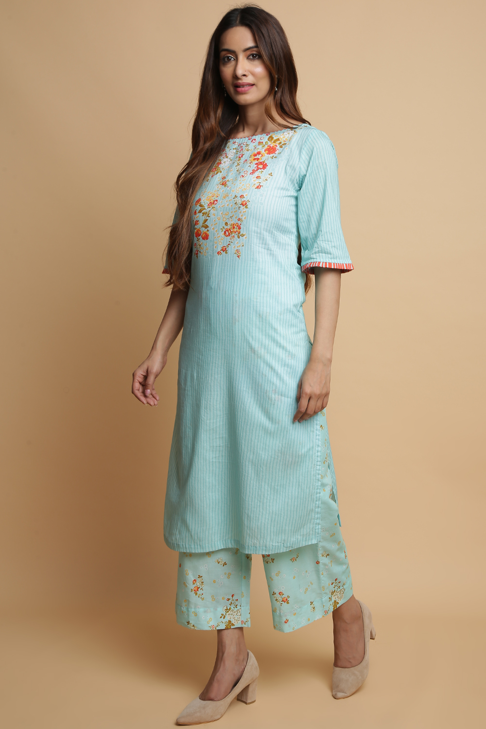 Mint Cotton Straight Kurta Pants Set image number 2