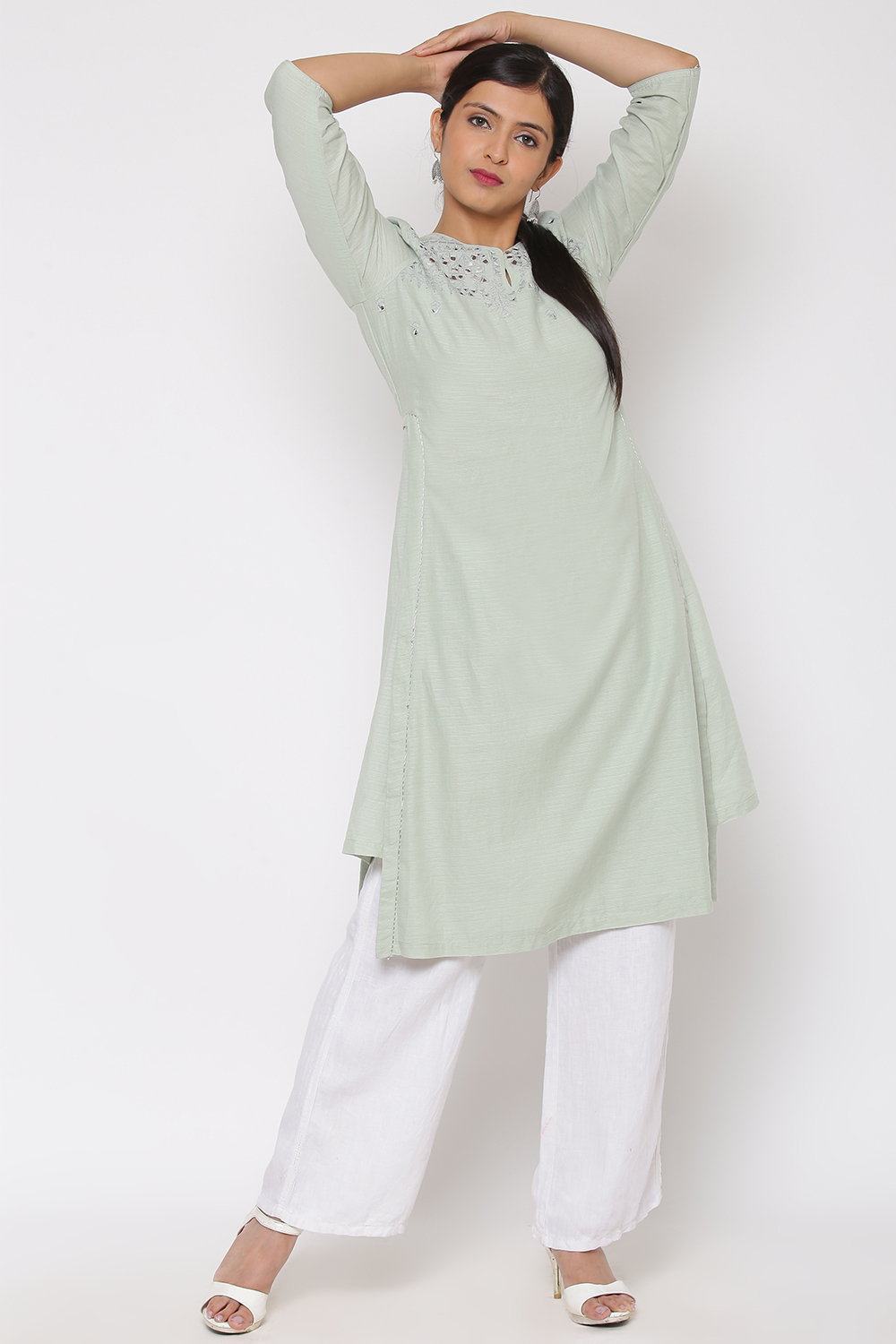 Mint Green Cotton Straight Kurta image number 2