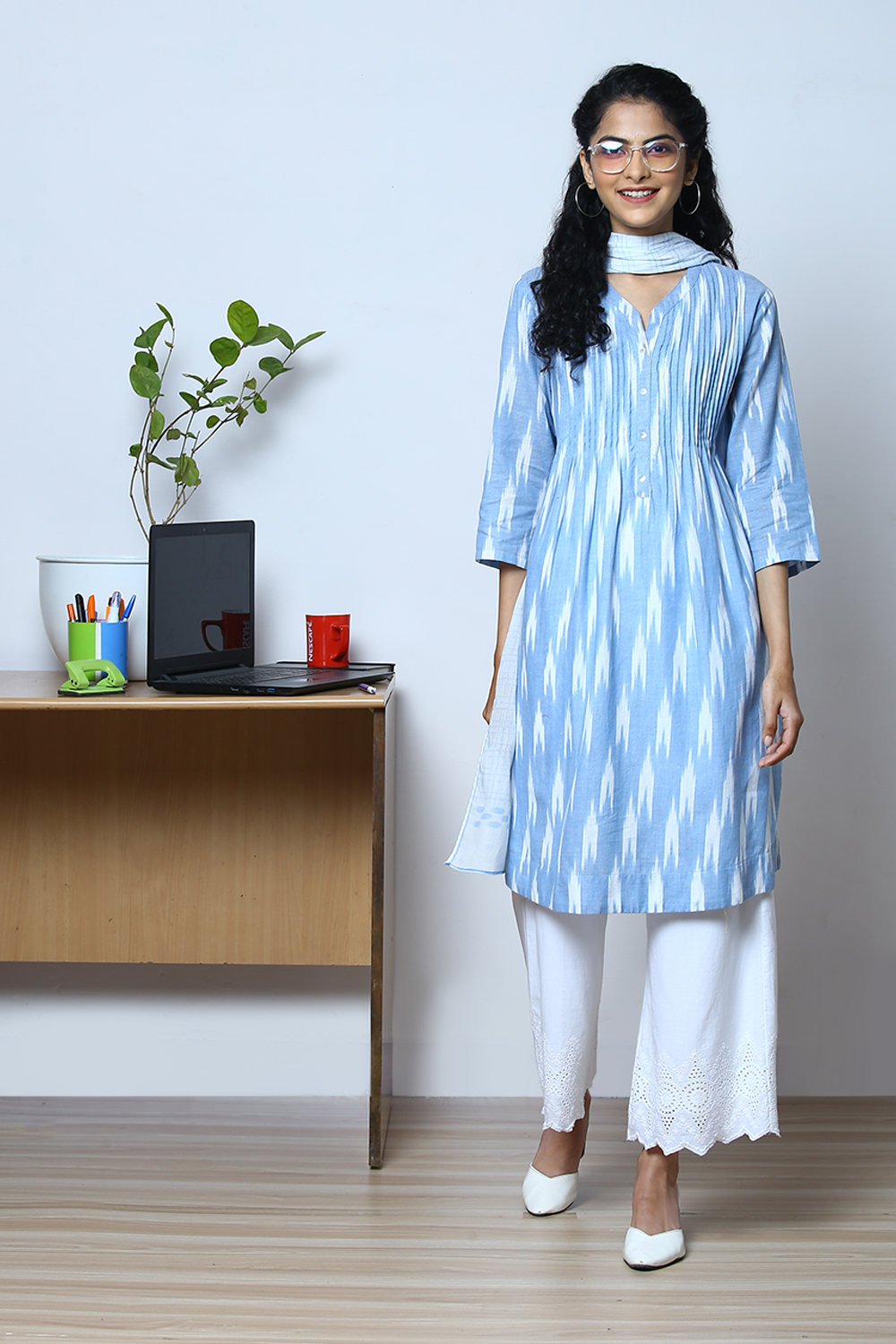 Ice Blue Cotton Straight Kurta Slim Pants Suit Set image number 0