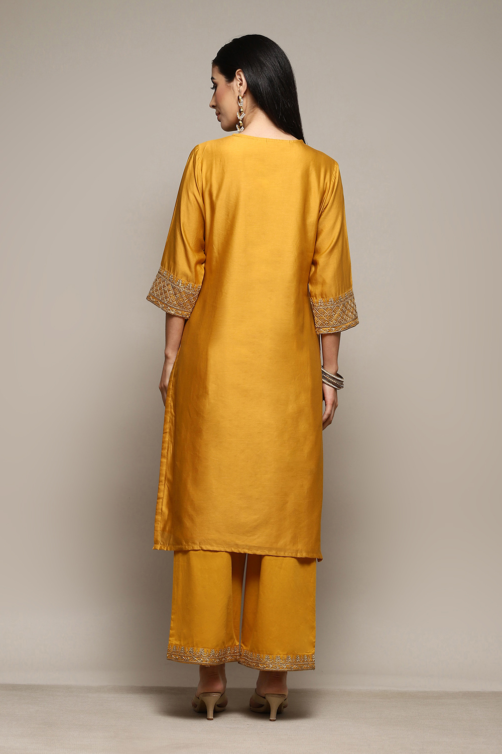 Mustard Poly Chanderi Straight Embroidery Kurta Palazzo Suit Set image number 4