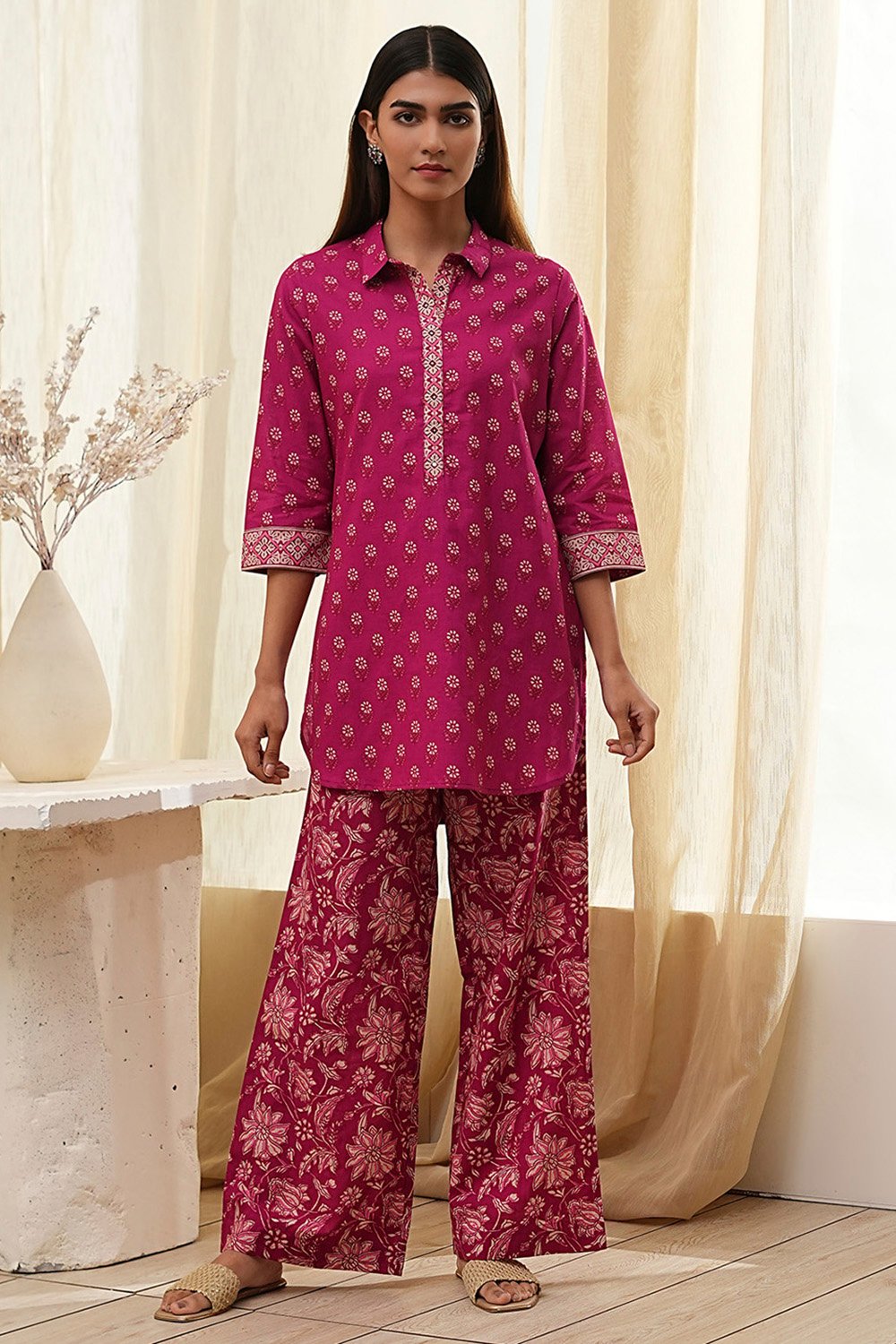 Plum Red Cotton Printed Kurta Set image number 6