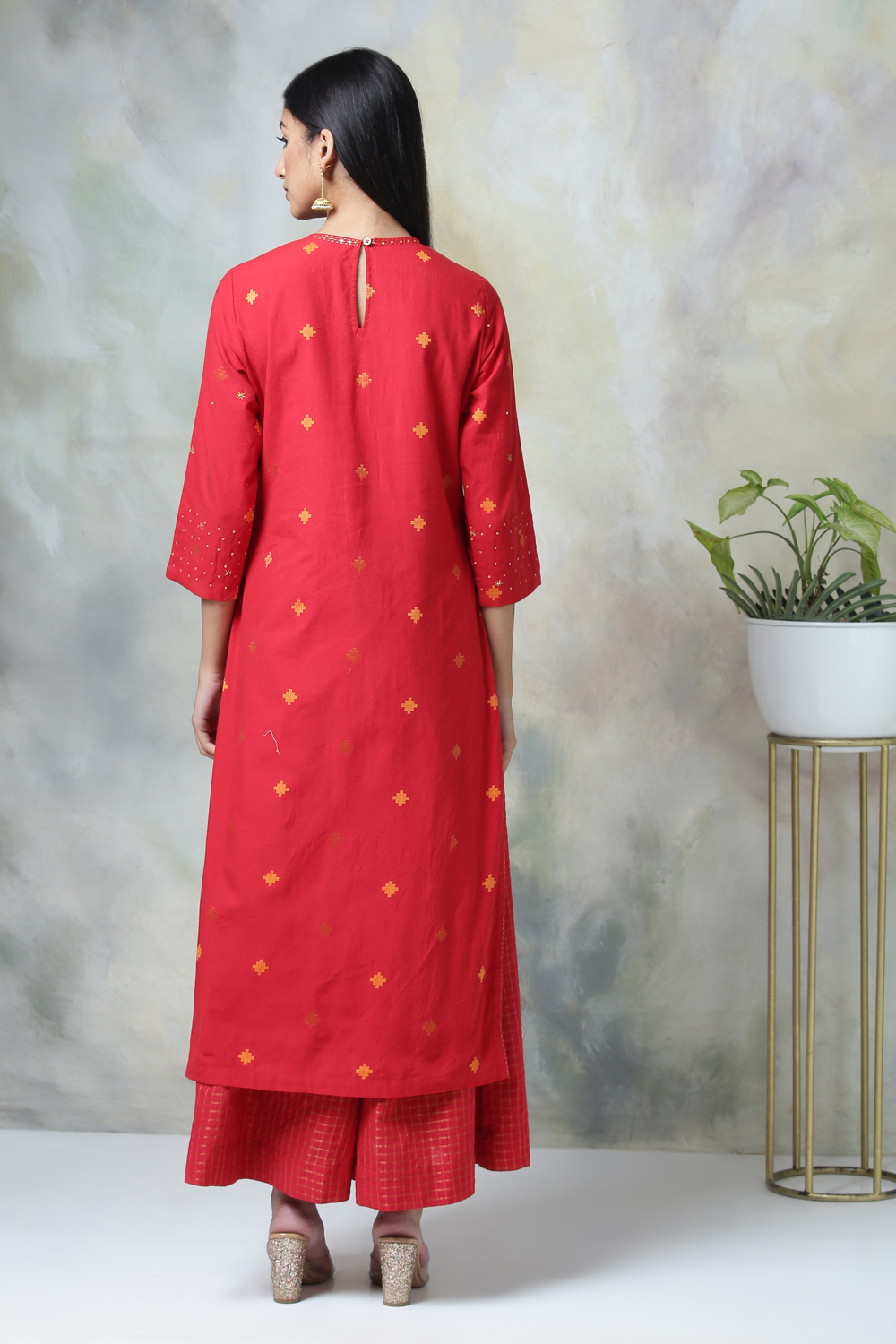 Red Cotton Straight Kurta Palazzo Suit Set image number 6