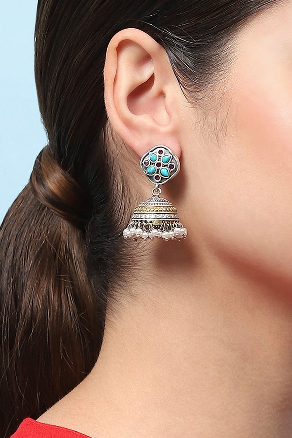 Turqouise Oxidised Casual Jhumka image number 3