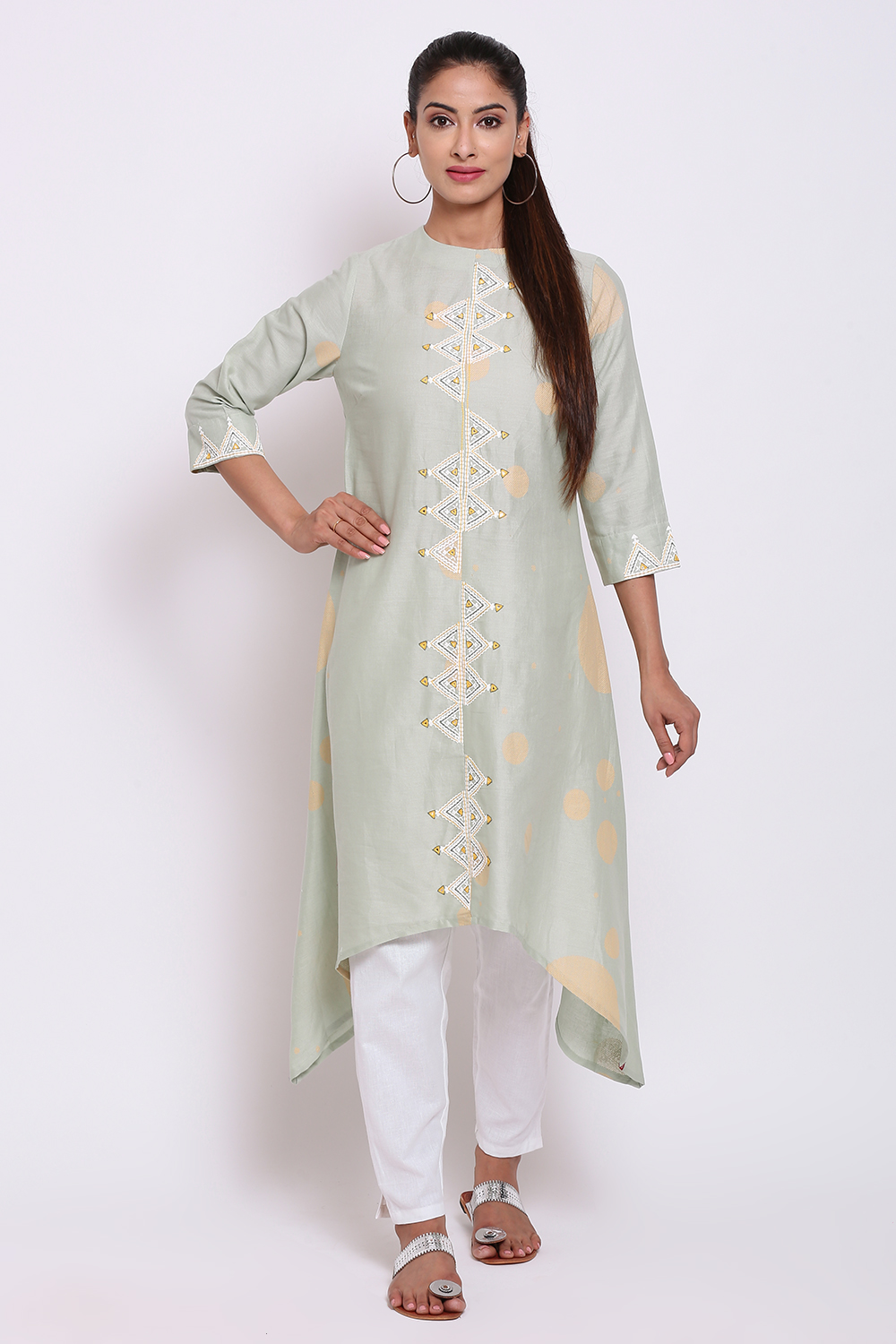 Mint Green Cotton Flax Asymmetric Printed Kurta image number 0