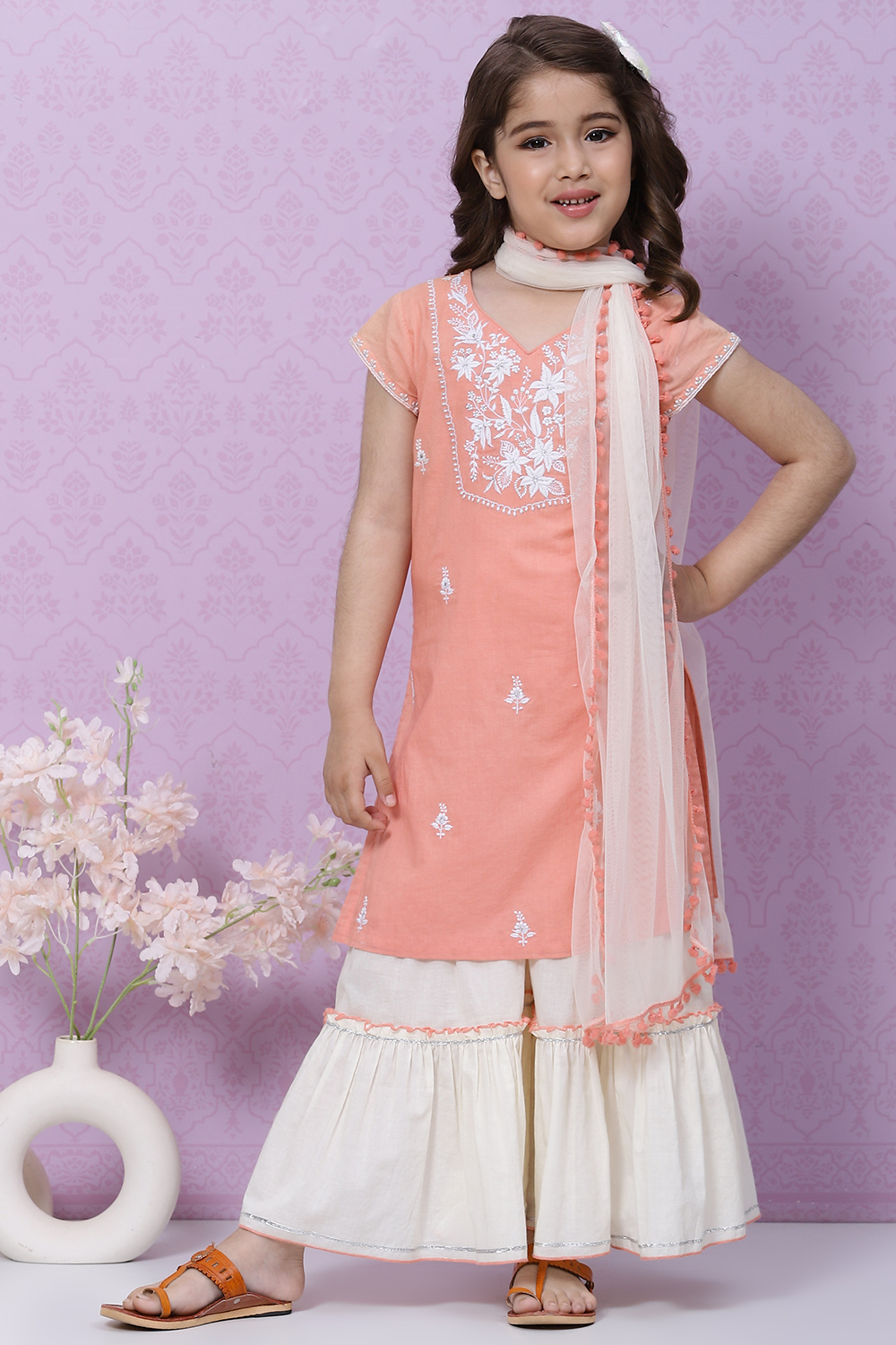 Peach Cotton Garara Kurta Sharara Suit Set image number 0
