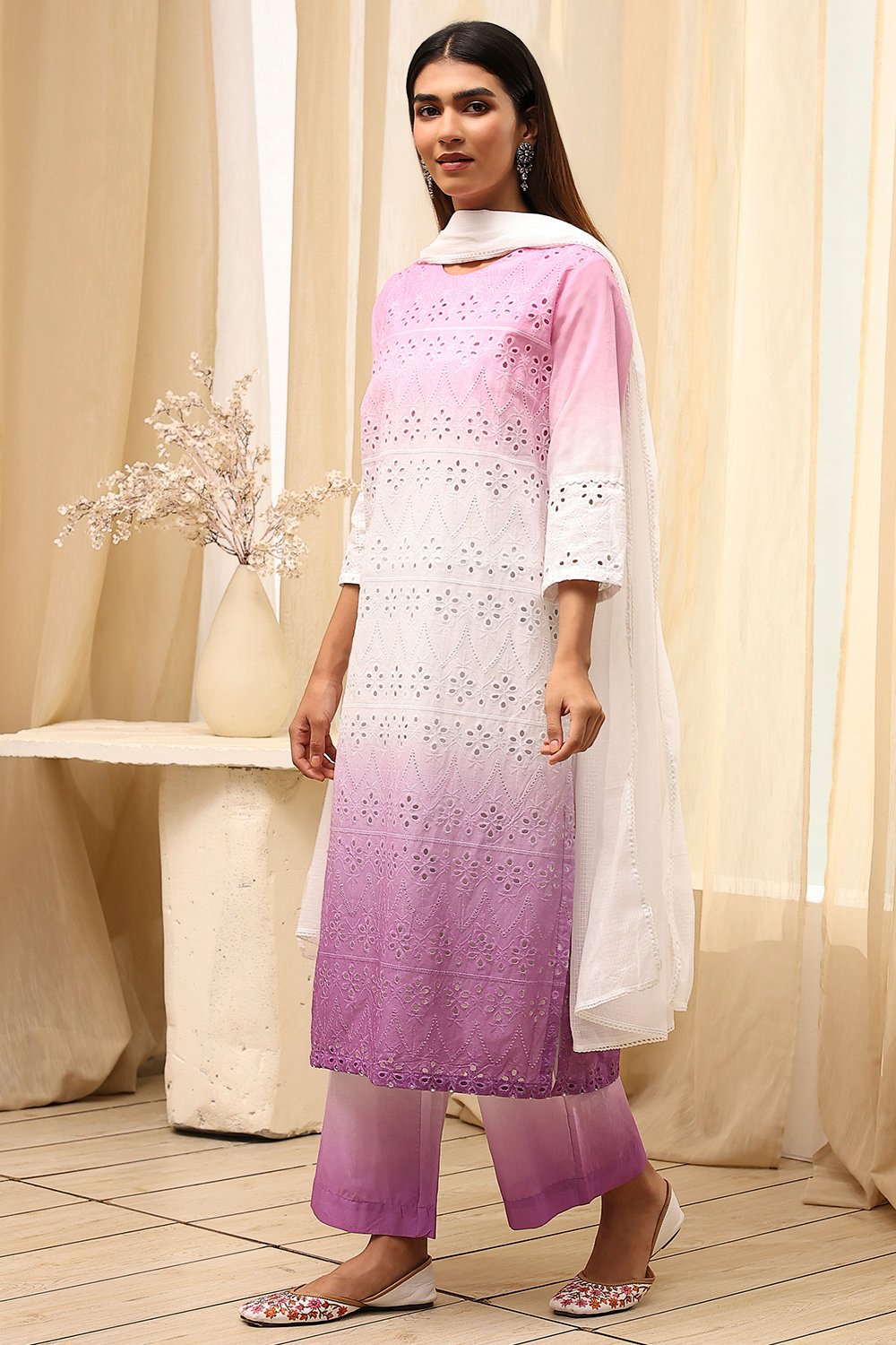 Pink Cotton Schiffli Straight Suit Set image number 3