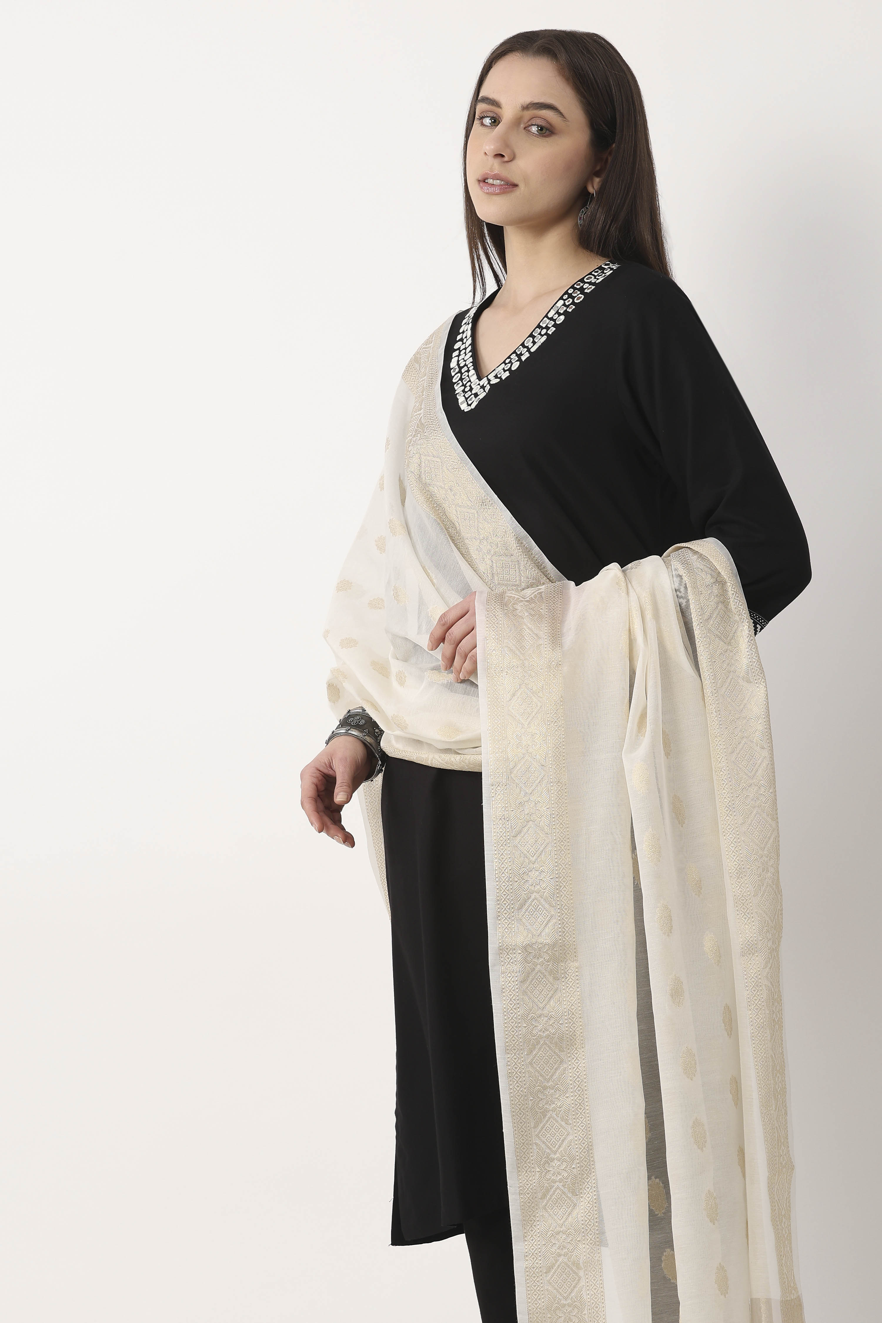 Off White Poly Cotton Dupatta image number 1