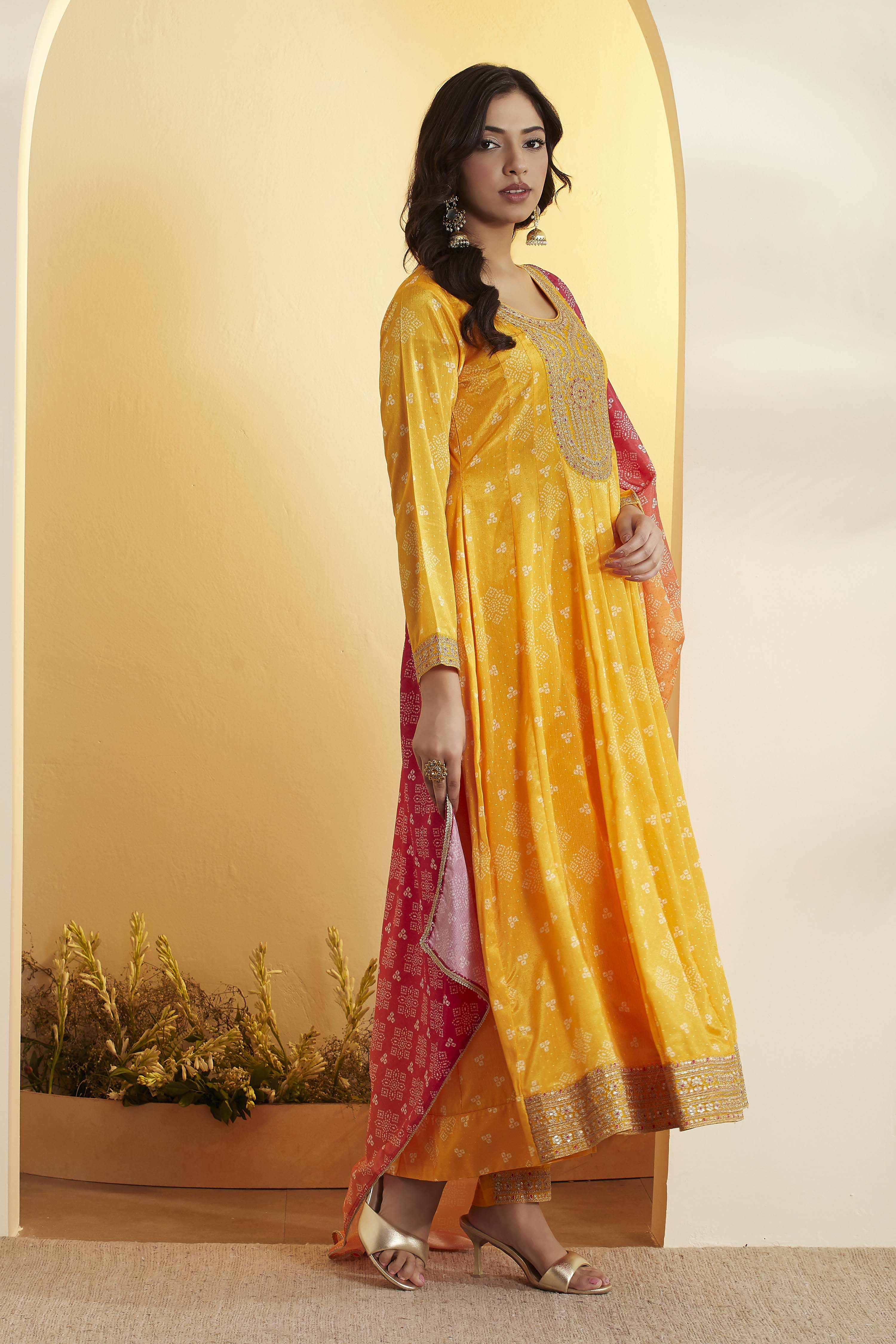Yellow Poly Chinnon Anarkali Suit Set image number 4