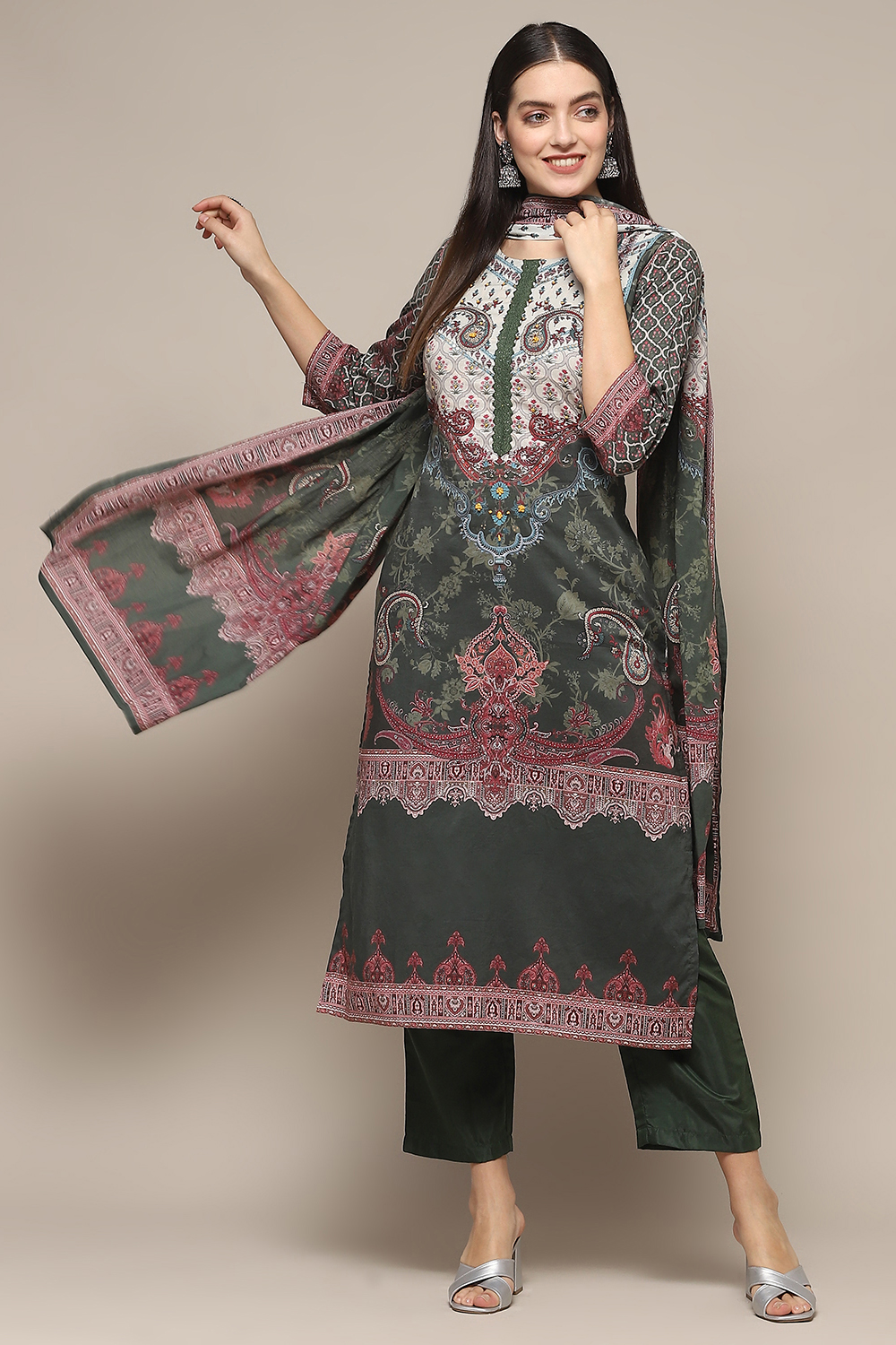 Olive Cotton Unstitched Suit set image number 1