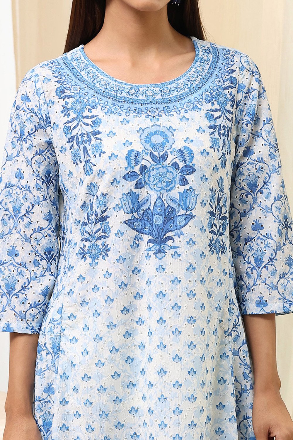 Off-White and Blue Cotton Floral Kalidar Suit Set image number 1