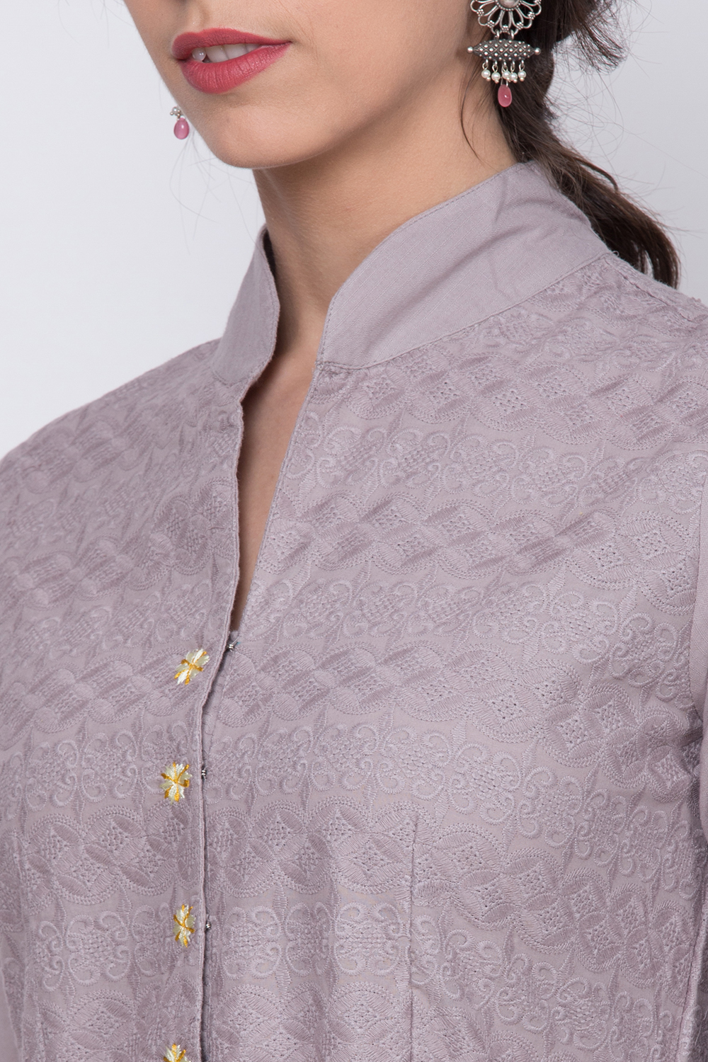 Yellow Cotton Asymmetric Kurta Churidar Suit Set image number 1
