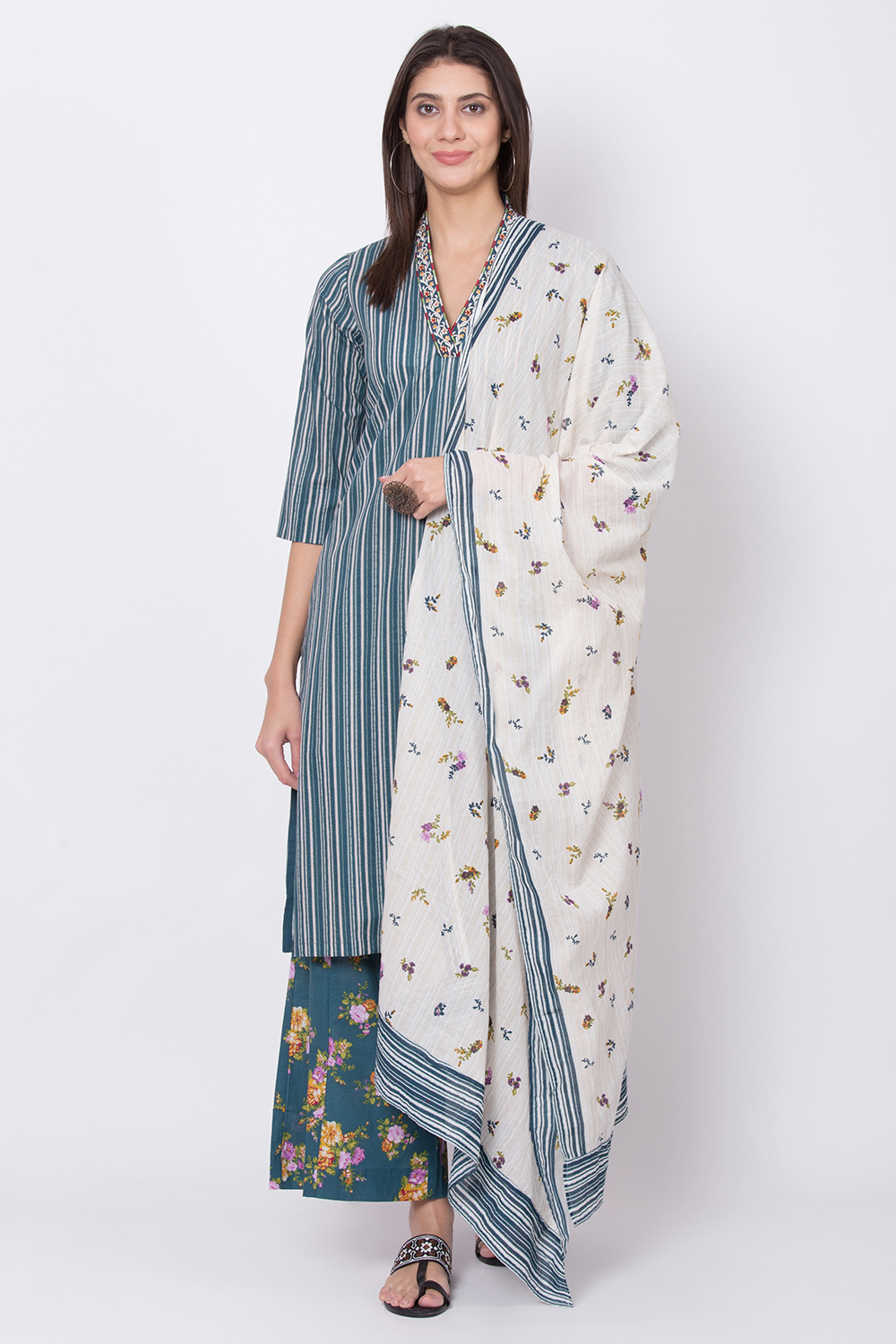 Blue Cotton Straight Kurta Flared Palazzo Suit Set image number 0