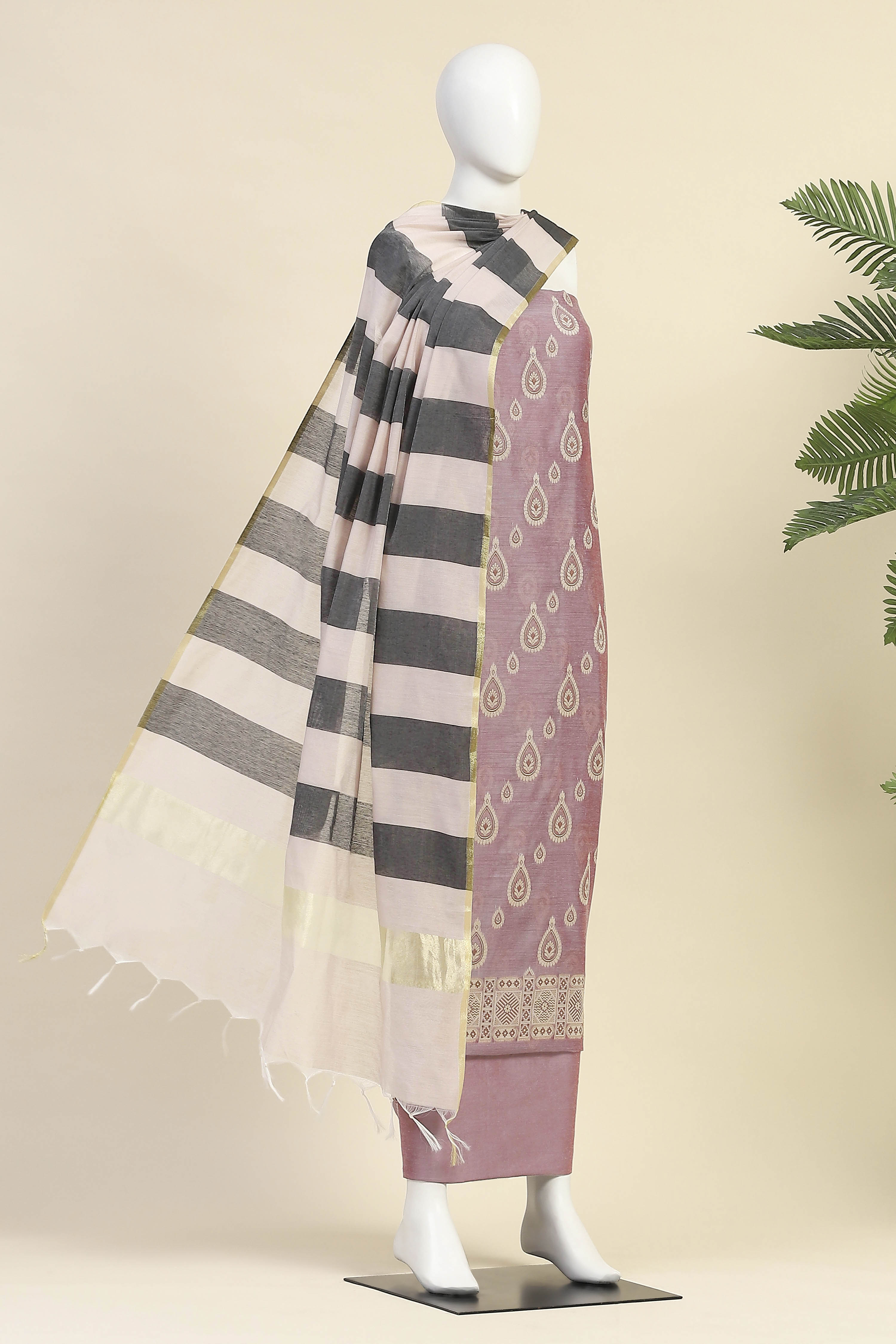 Hot Pink Cotton Printed Embroidered Unstitched Suit Set image number 4