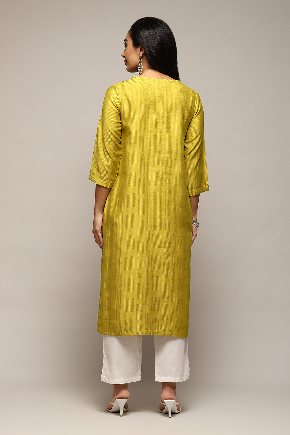 Neon Green Poly Viscose Straight Yarndyed Kurta image number 4