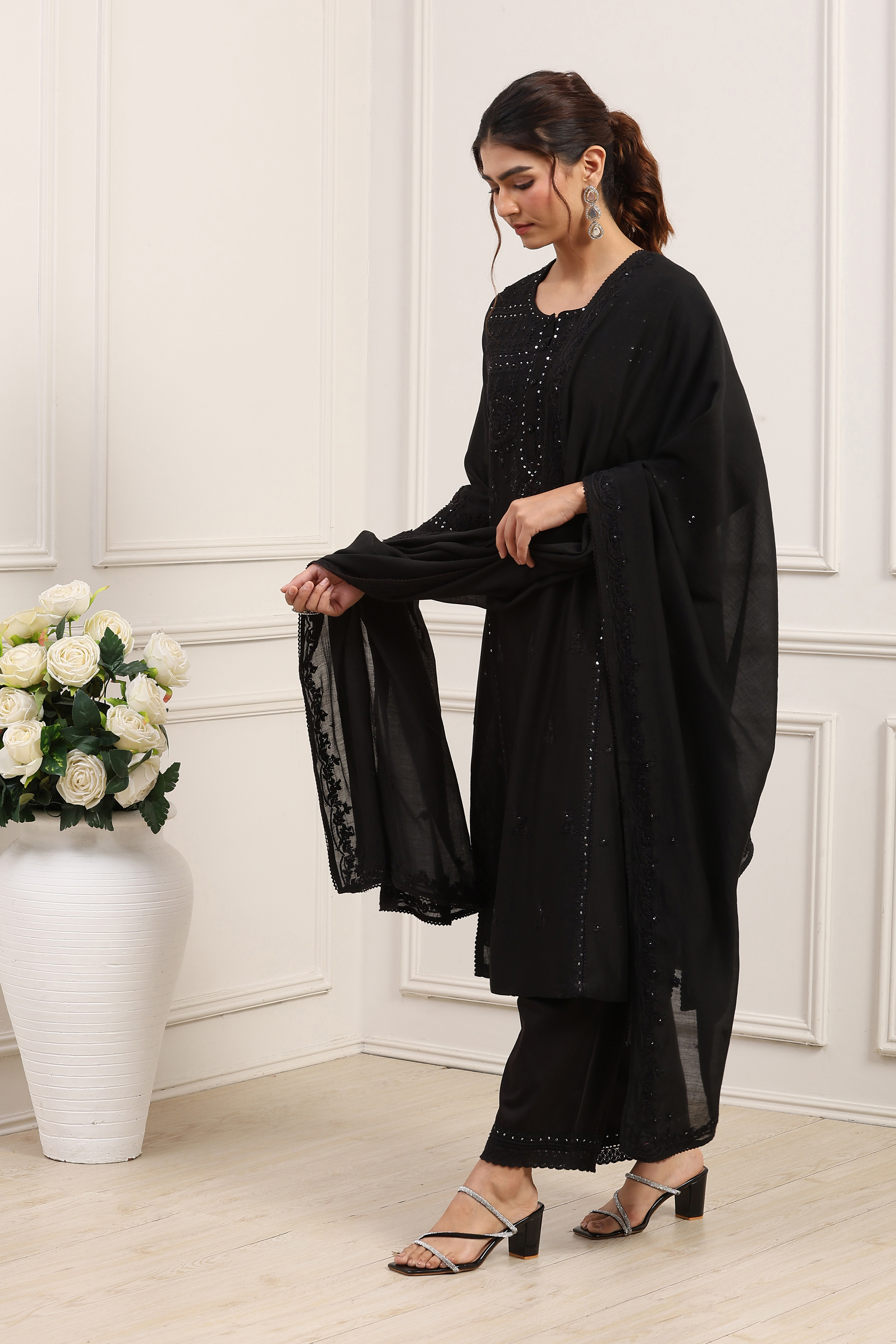 Black Silk Chanderi Sequined Straight Kurta Set image number 3