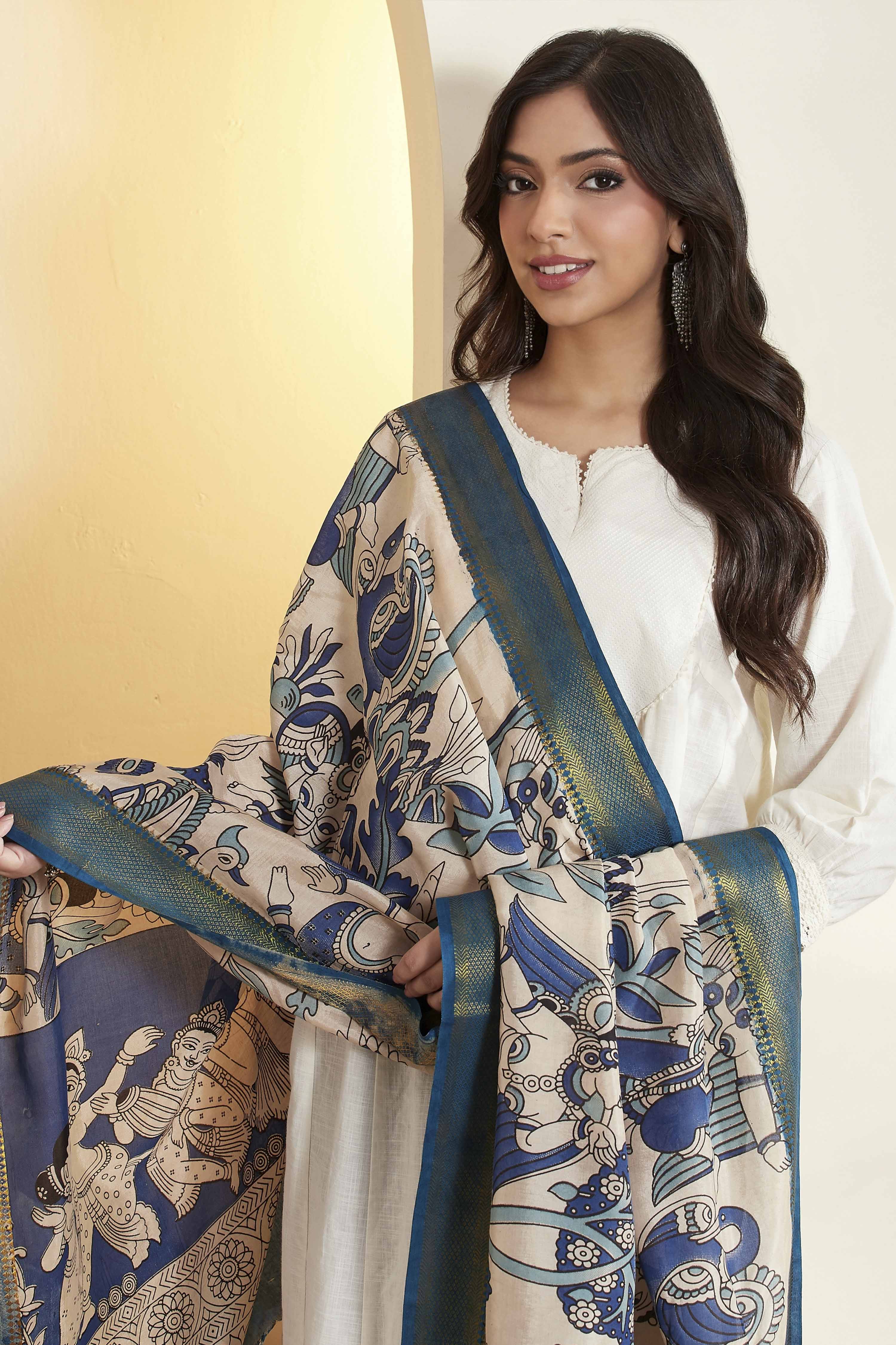 Blue Chennur Silk Printed Dupatta image number 1