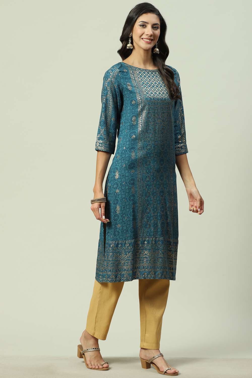 Teal Rayon Straight Printed Kurta image number 0