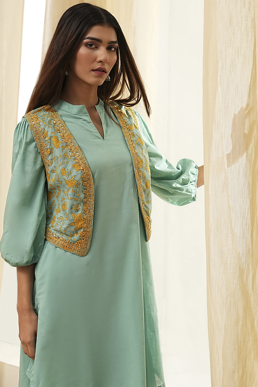 Sage Green Cotton Pathani Straight Kurta Set image number 1