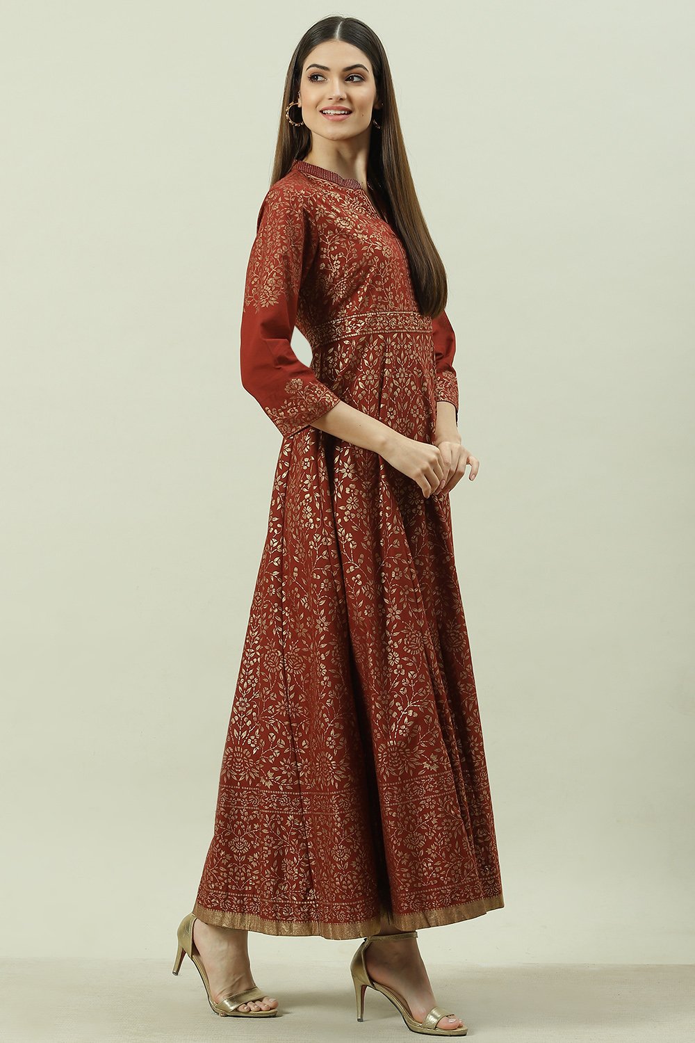 Brown Cotton Flared Printed Dress image number 3