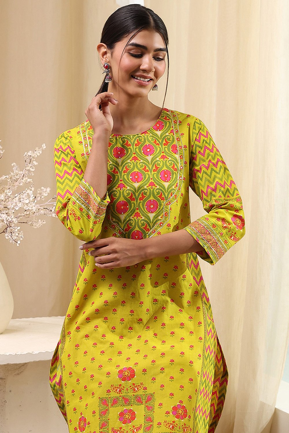 Green Cotton Straight Printed Kurta image number 6