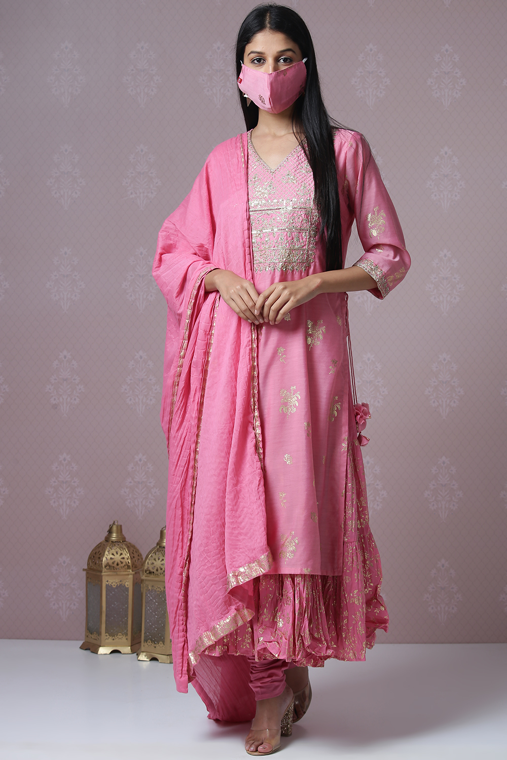 Pink Art Silk Double Layered Kurta Churidar Suit Set image number 5