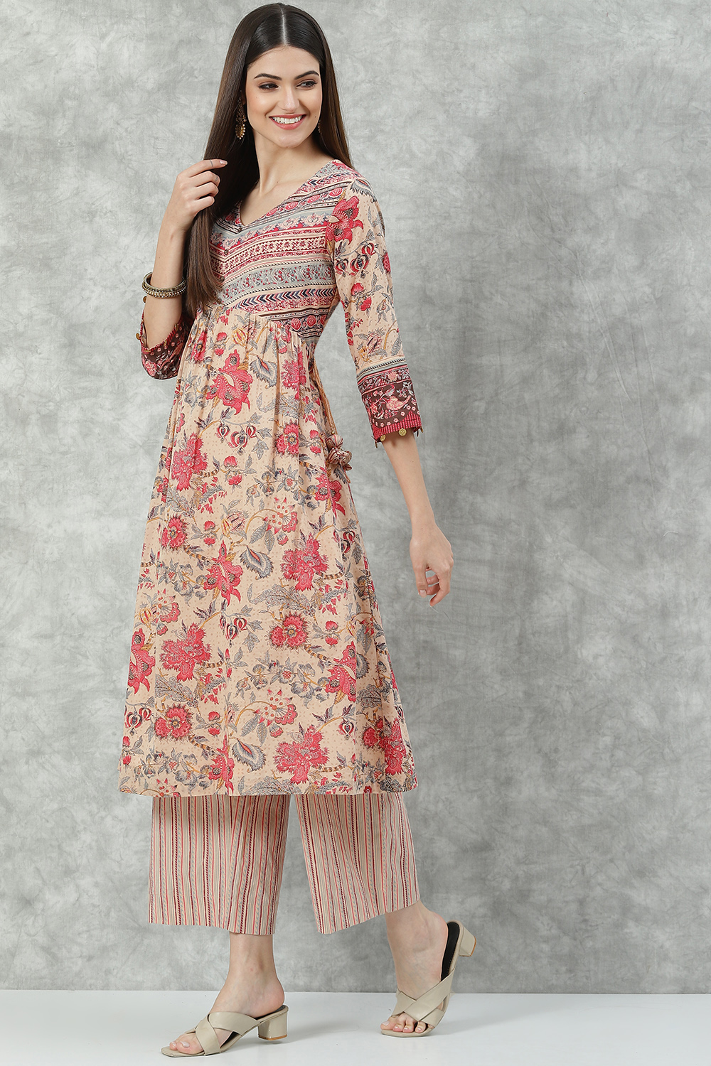 Beige Cotton A-Line Kurta Palazzo Suit Set image number 6