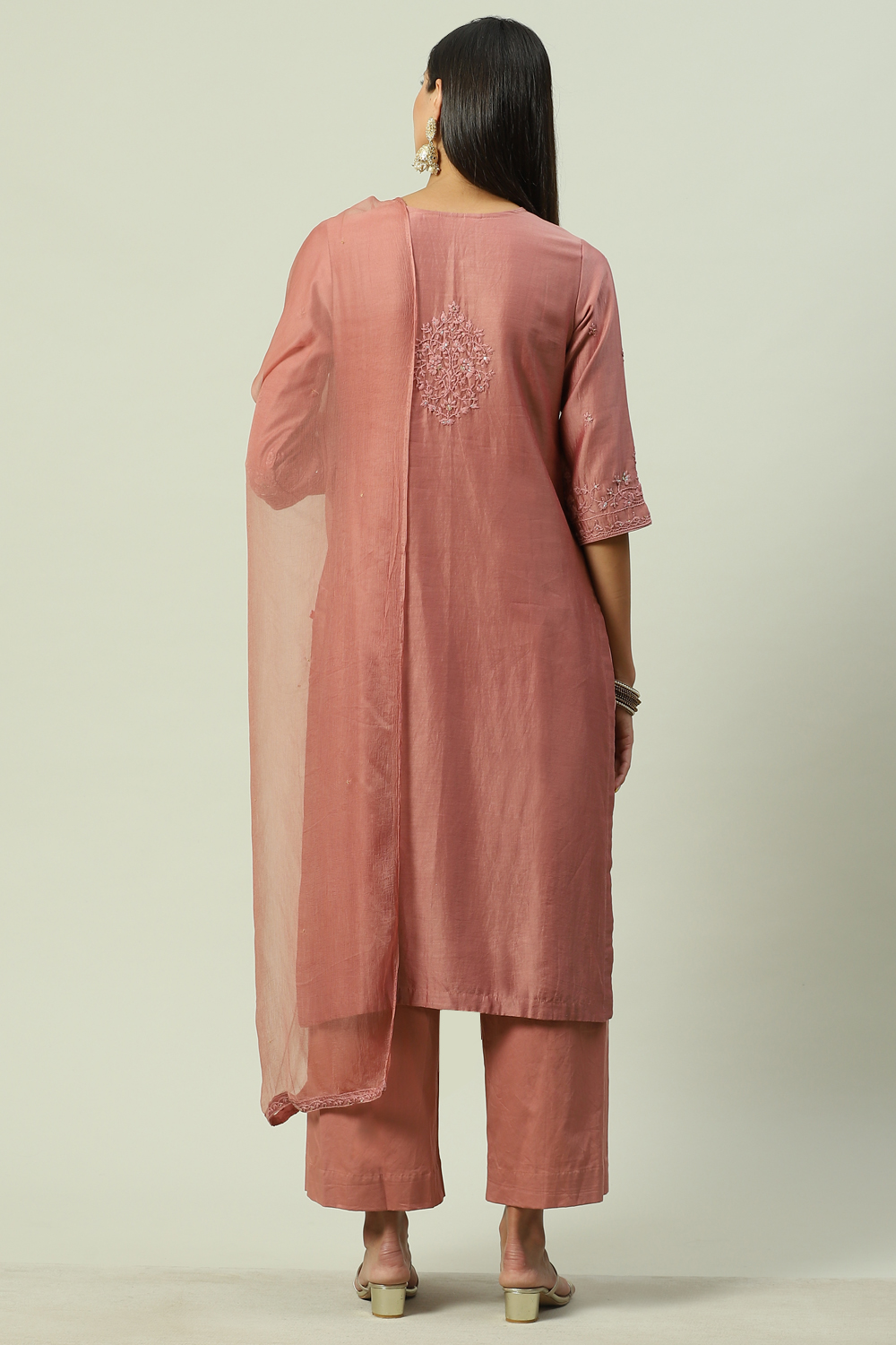 Earthy Peach Cotton Blend Straight Kurta Palazzo Suit Set image number 4