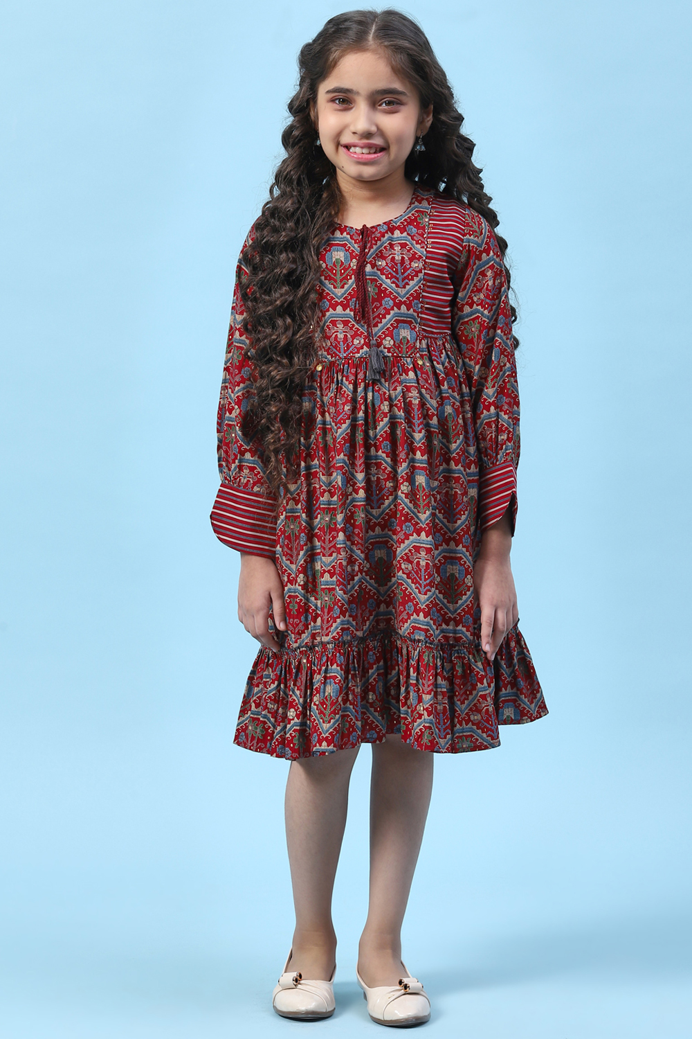 Maroon Silk Tiered Printed Dress image number 0