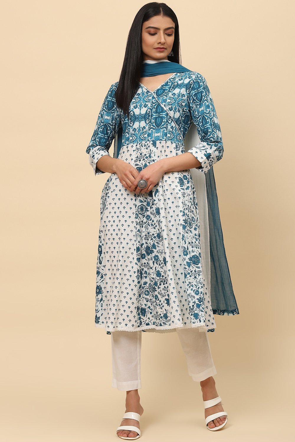 Blue White Cotton Flared Kurta Slim Pant Suit Set image number 0