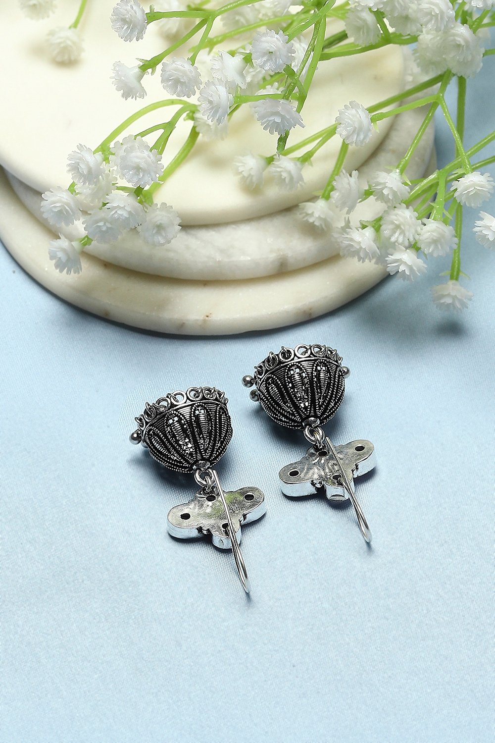 Light Pink Oxidised Stone Studded Jhumkas image number 2