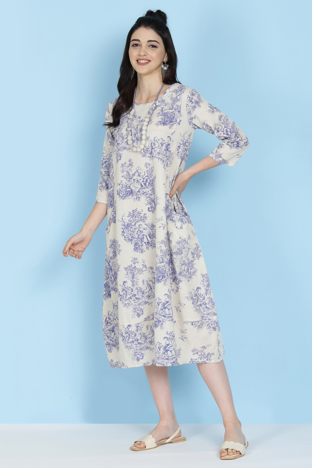 Cream Cotton Flax A-line Printed Kurta Dress image number 4