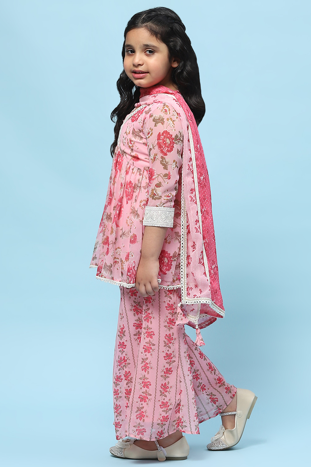 Pink Poly Georgette Floral Printed Peplum Suit Set image number 4