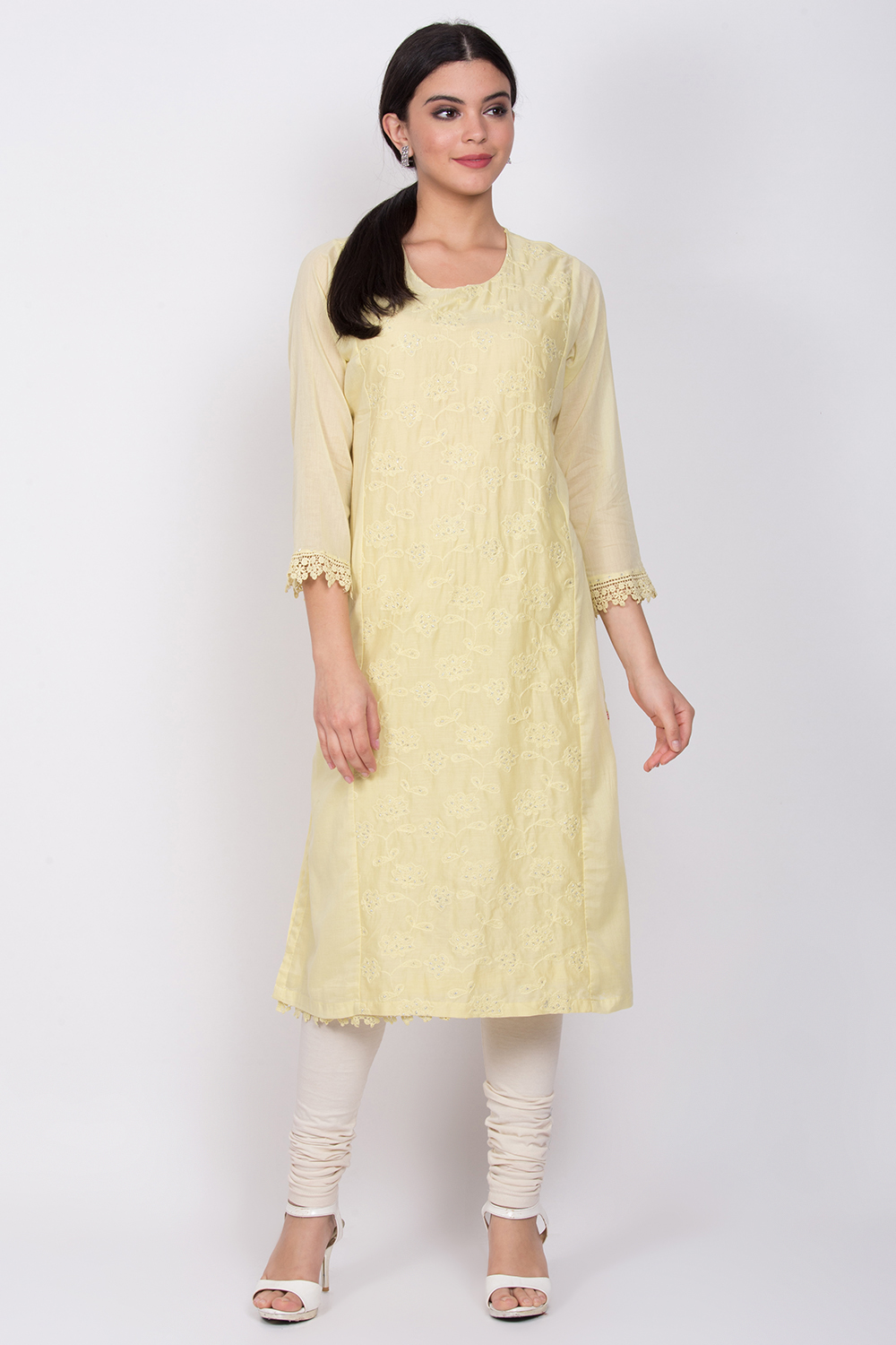 Yellow Cotton Chikankari Embroidered Kurta image number 0