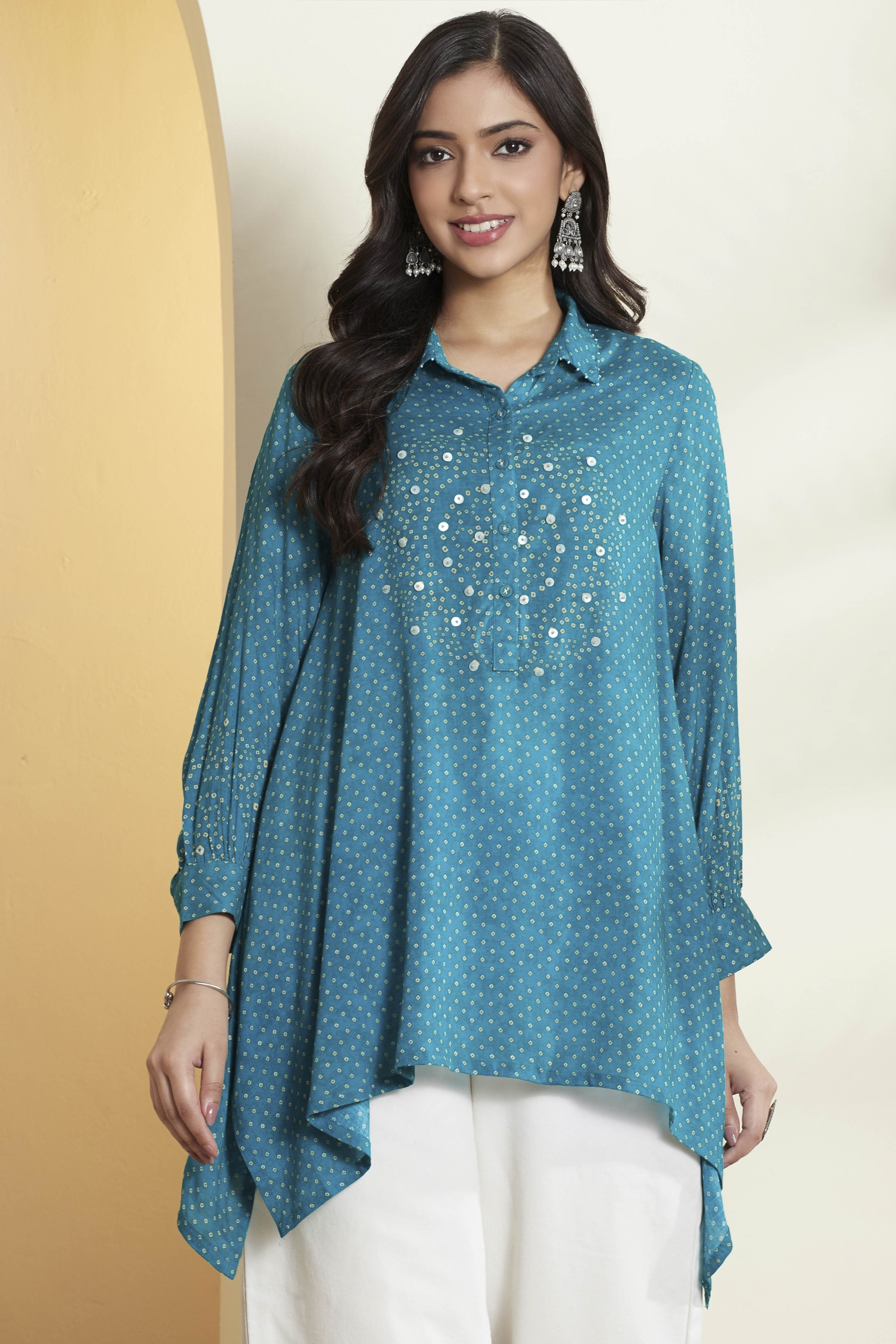 Sea Green Viscose Rayon Asymmetric Short Kurti image number 0